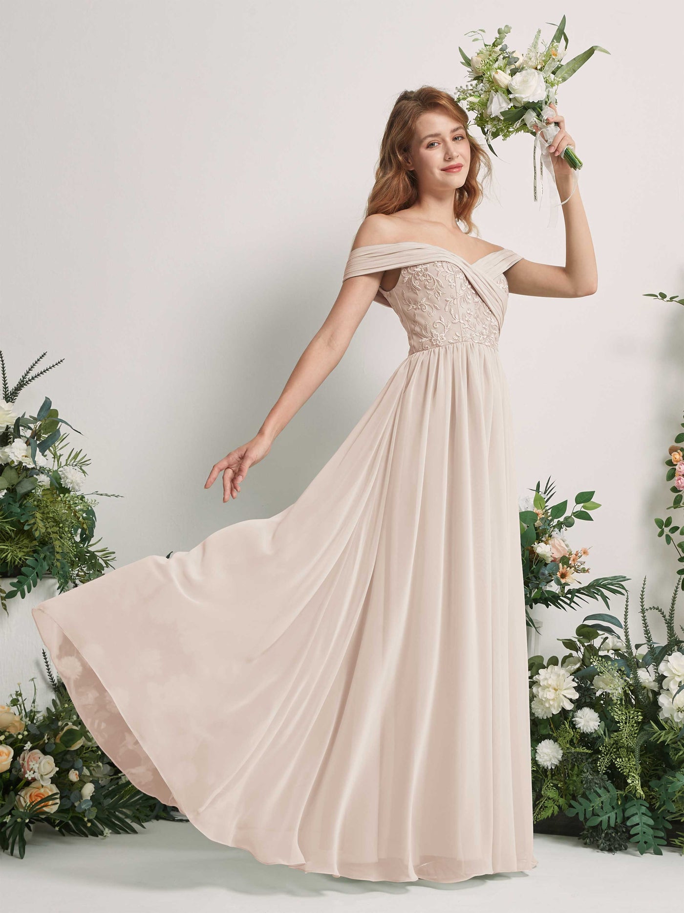Champagne Bridesmaid Dresses Ball Gown Off Shoulder Sleeveless Chiffon Dresses (83220416)#color_champagne