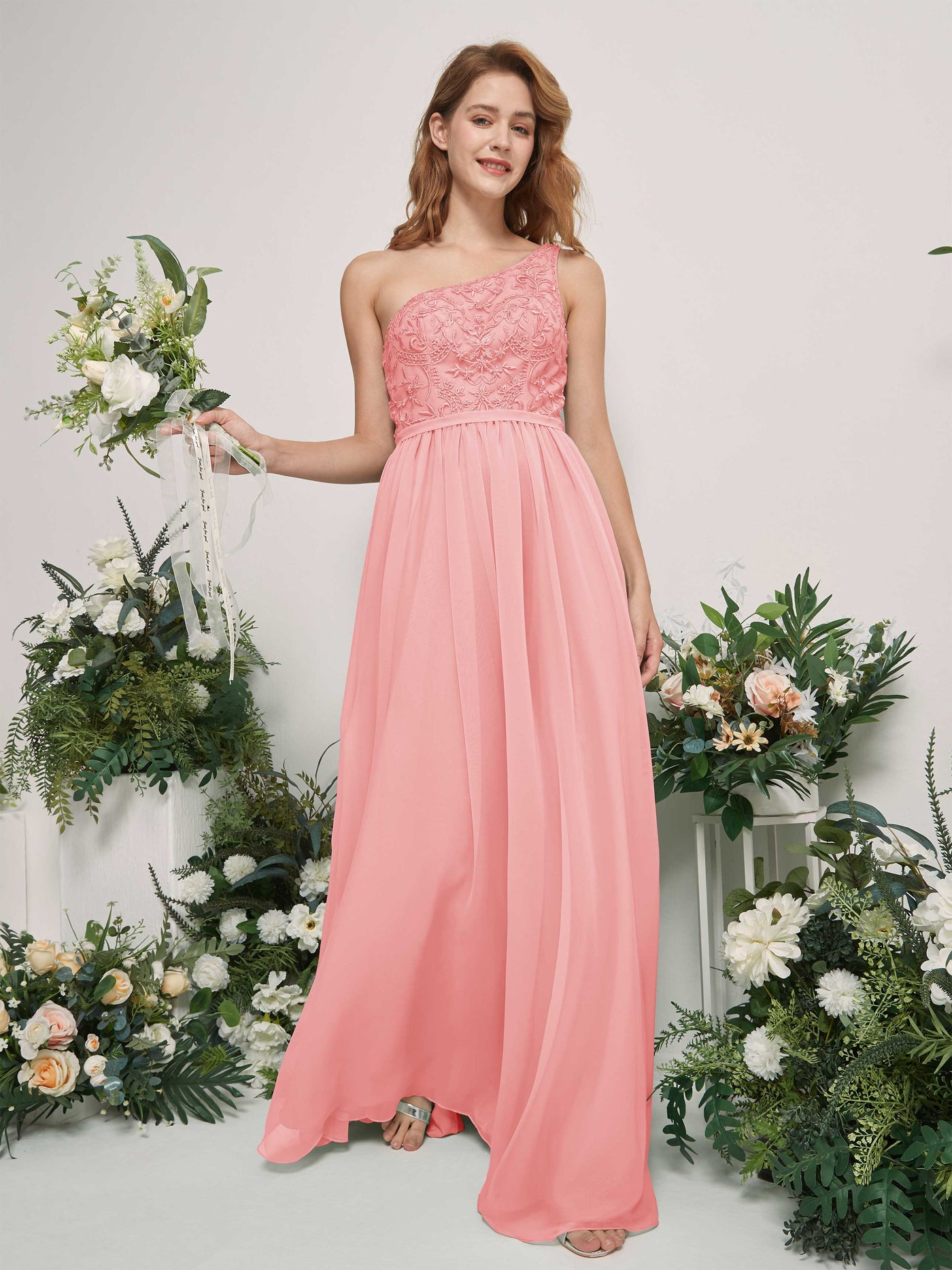 Ballet Pink Bridesmaid Dresses A-line Open back One Shoulder Sleeveless Dresses (83220540)#color_ballet-pink