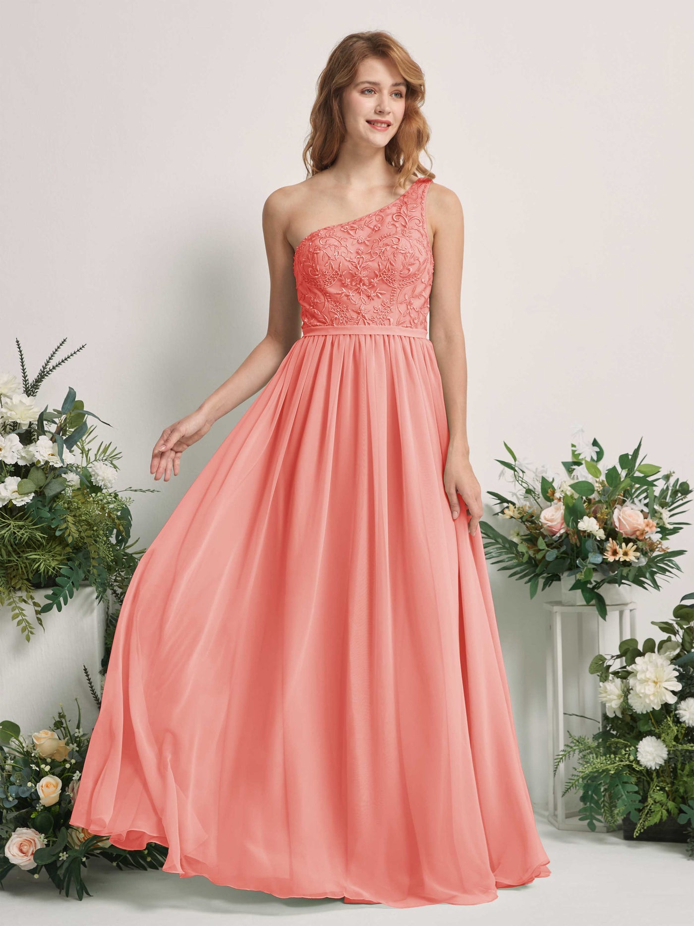 Peach Pink Bridesmaid Dresses A-line Open back One Shoulder Sleeveless Dresses (83220529)#color_peach-pink