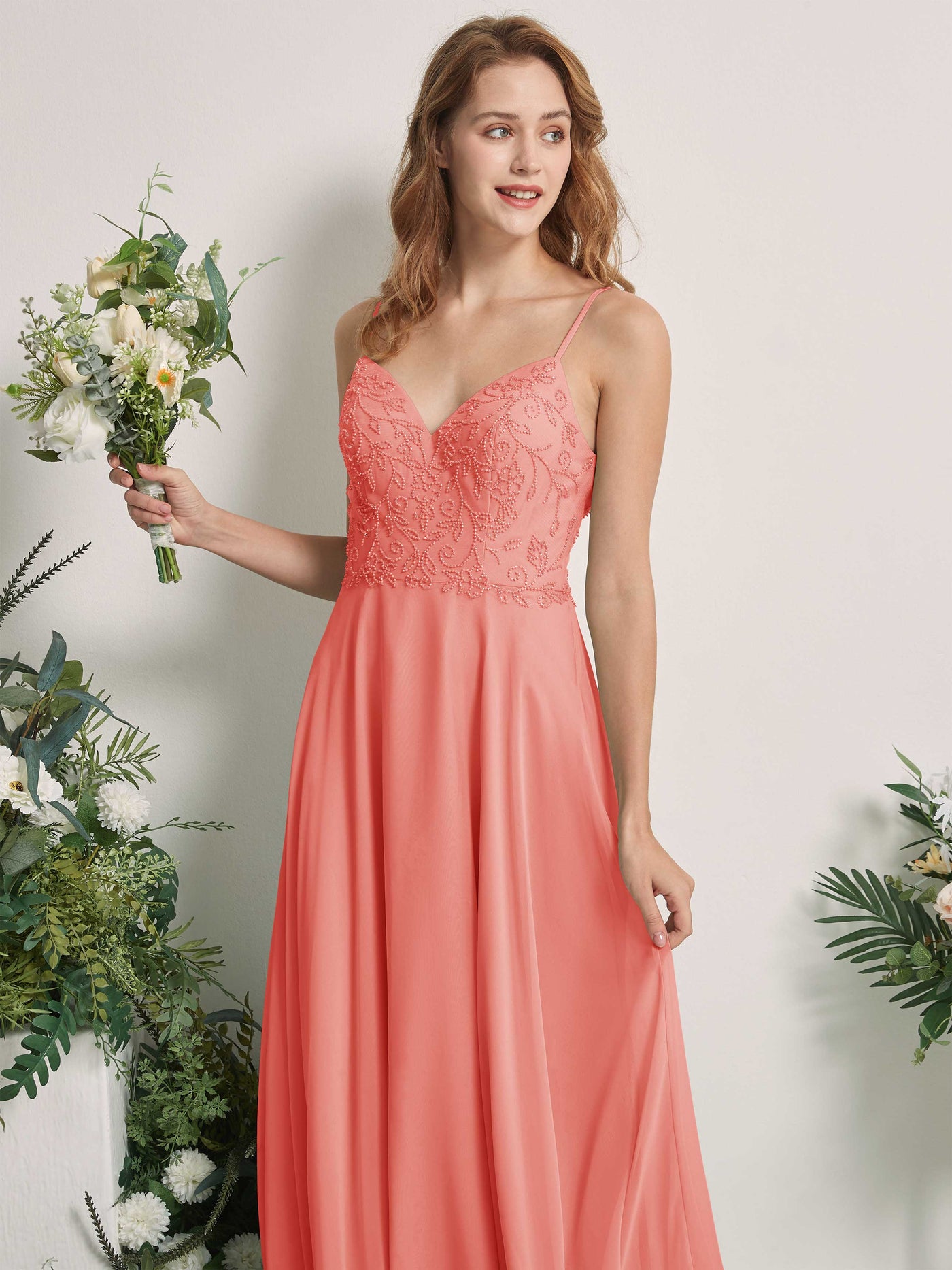 Peach Pink Bridesmaid Dresses A-line Open back Spaghetti-straps Sleeveless Dresses (83221129)#color_peach-pink