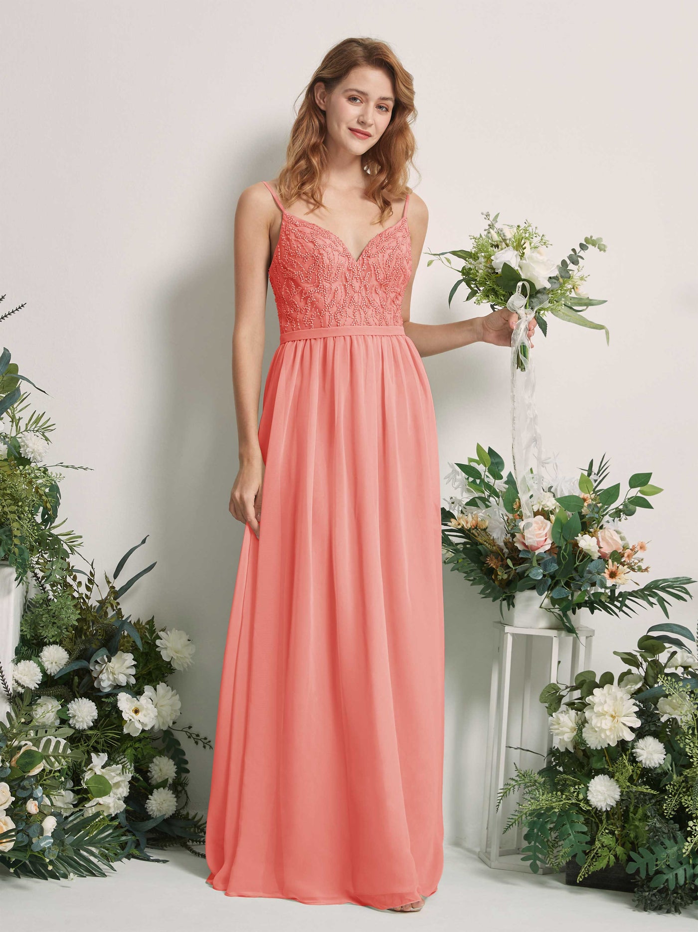 Peach Pink Bridesmaid Dresses A-line Spaghetti-straps Sleeveless Chiffon Dresses (81226529)#color_peach-pink