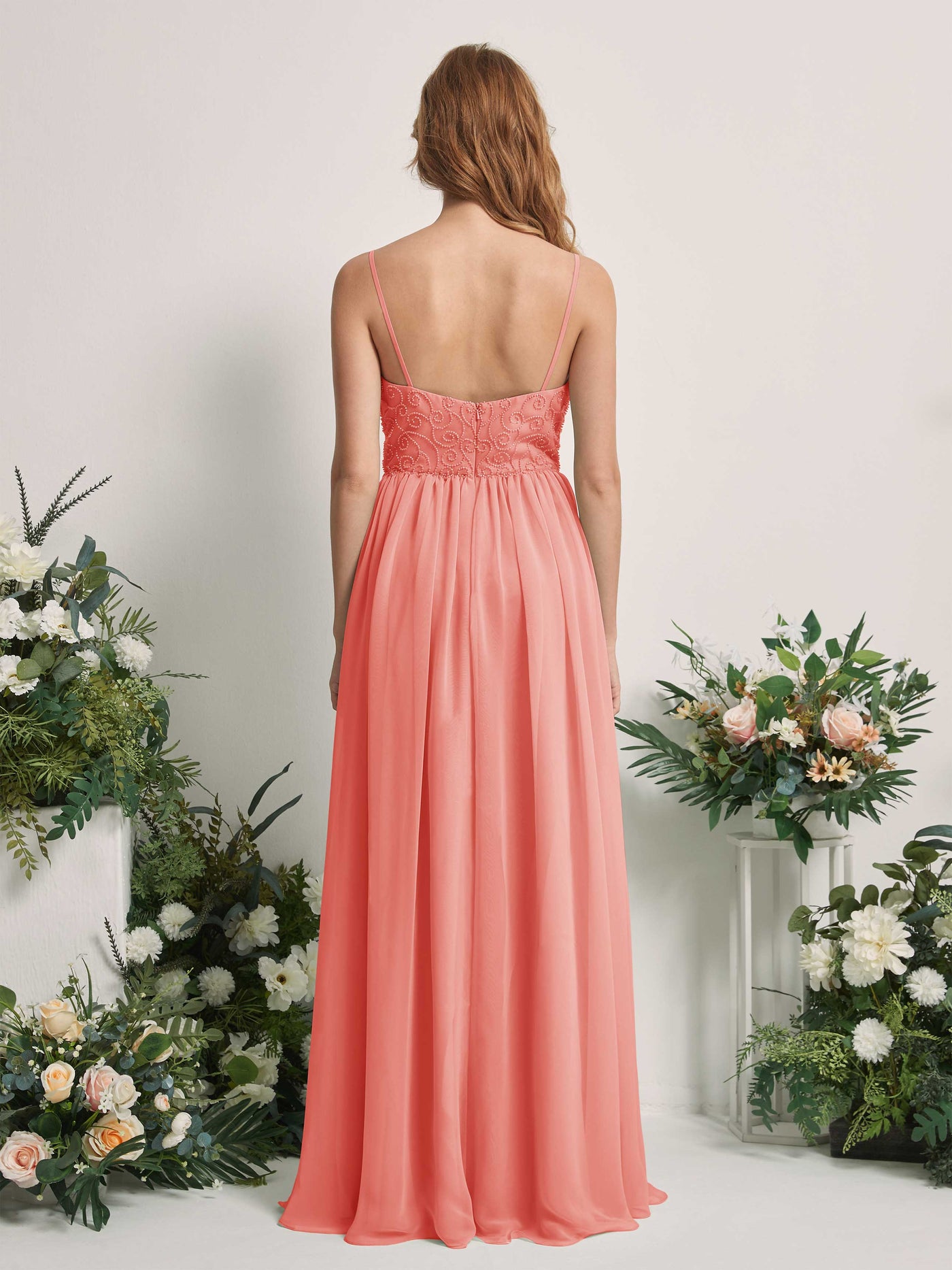 Peach Pink Bridesmaid Dresses A-line Spaghetti-straps Sleeveless Chiffon Dresses (83221229)#color_peach-pink