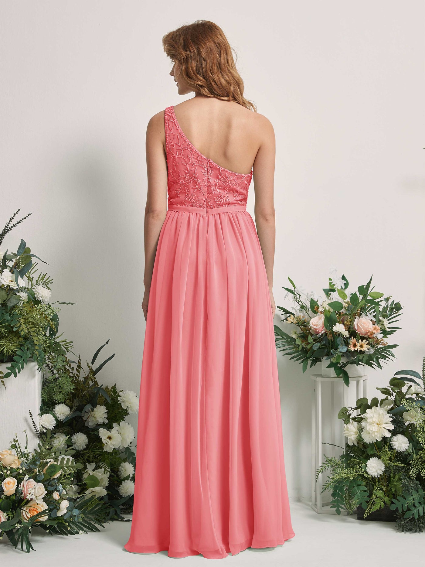 Coral Pink Bridesmaid Dresses A-line Open back One Shoulder Sleeveless Dresses (83220530)#color_coral-pink