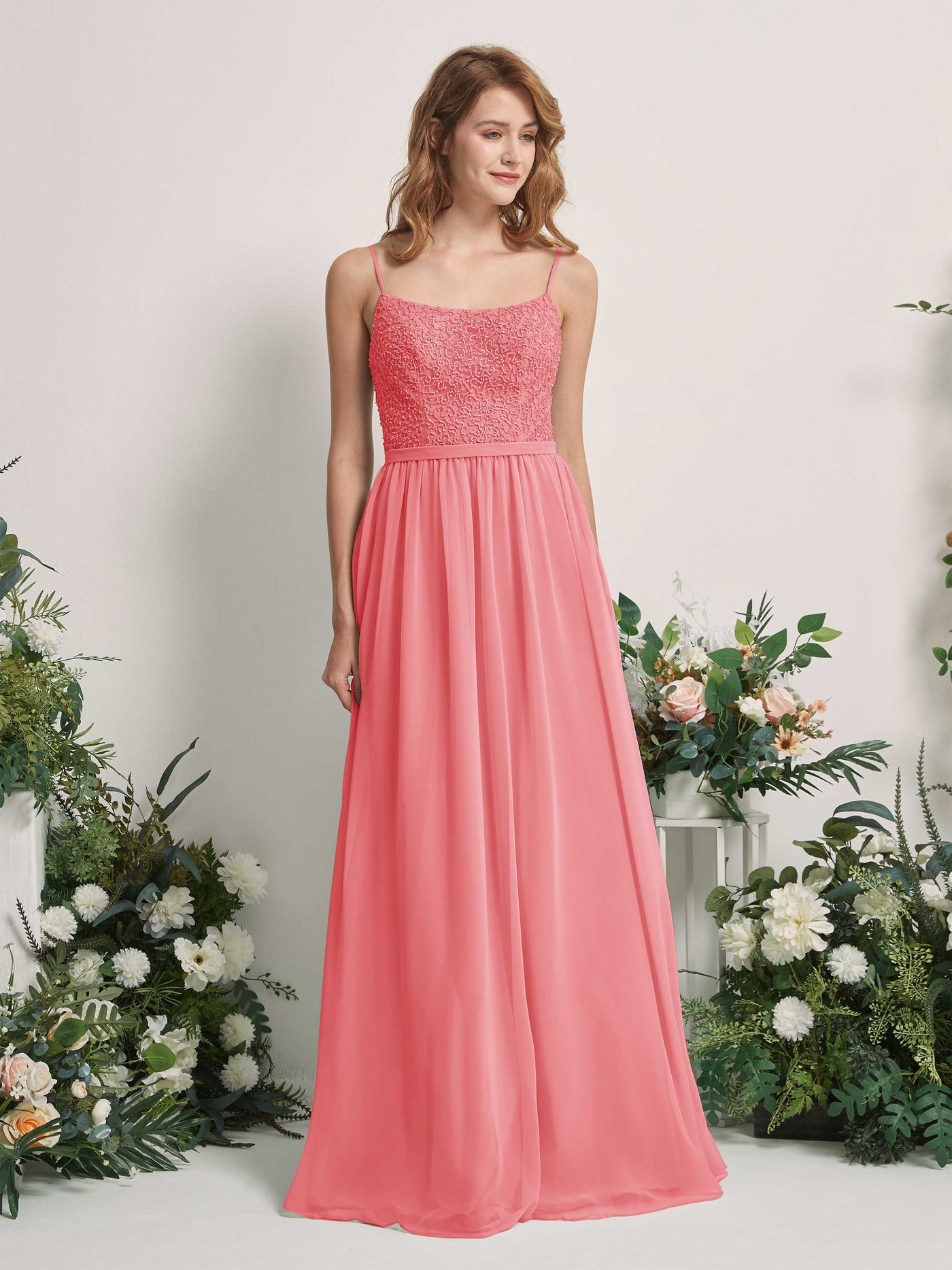 Coral Pink Bridesmaid Dresses A-line Open back Spaghetti-straps Sleeveless Dresses (83220130)#color_coral-pink