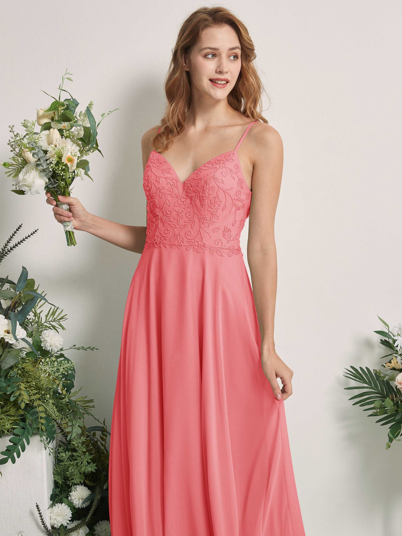 Coral Pink Bridesmaid Dresses A-line Open back Spaghetti-straps Sleeveless Dresses (83221130)#color_coral-pink