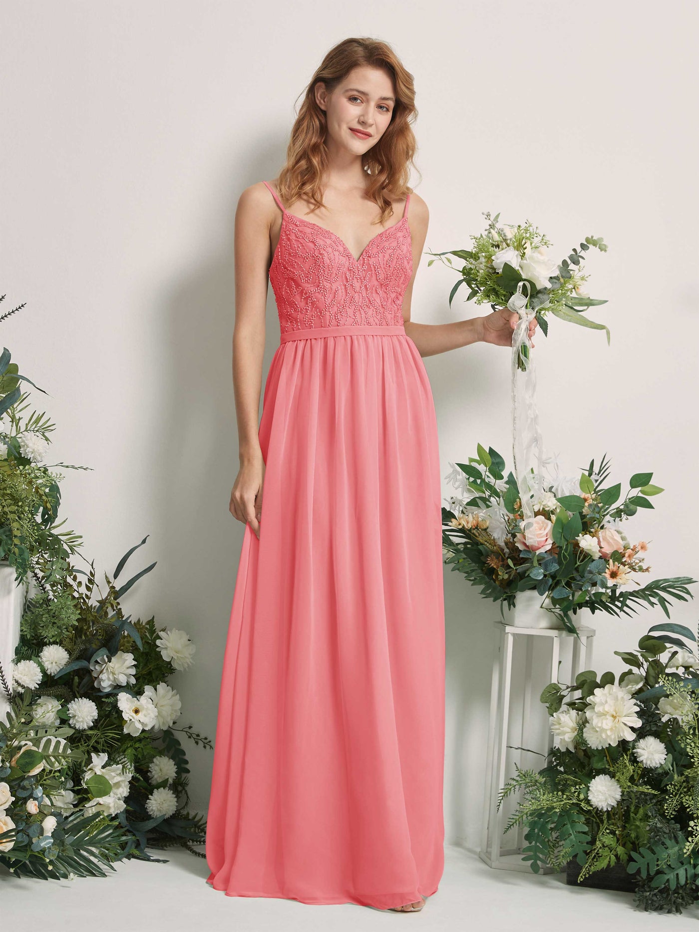 Coral Pink Bridesmaid Dresses A-line Spaghetti-straps Sleeveless Chiffon Dresses (81226530)#color_coral-pink