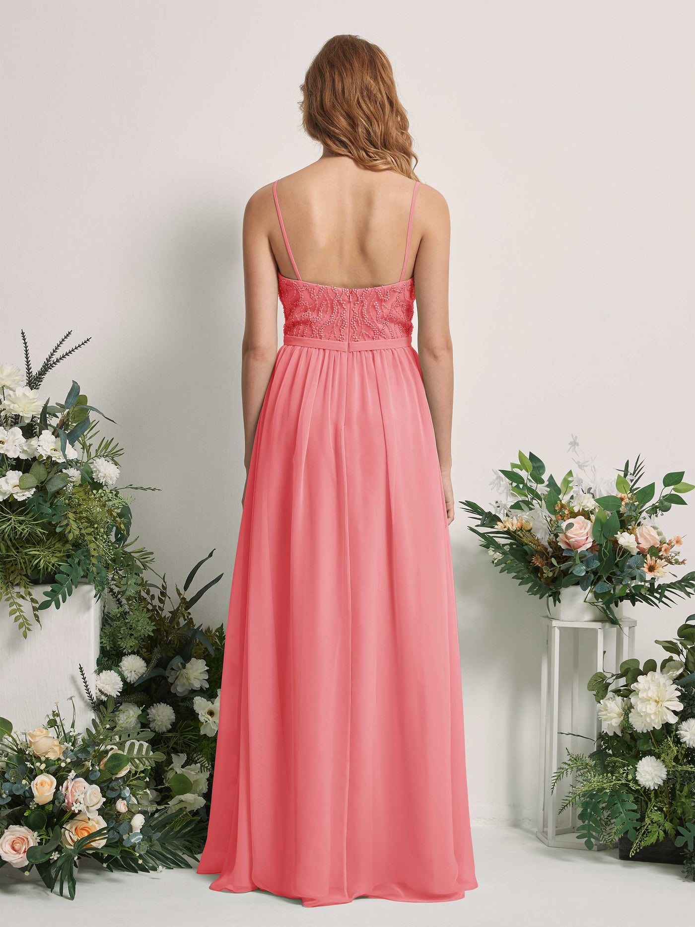 Coral Pink Bridesmaid Dresses A-line Spaghetti-straps Sleeveless Chiffon Dresses (81226530)#color_coral-pink