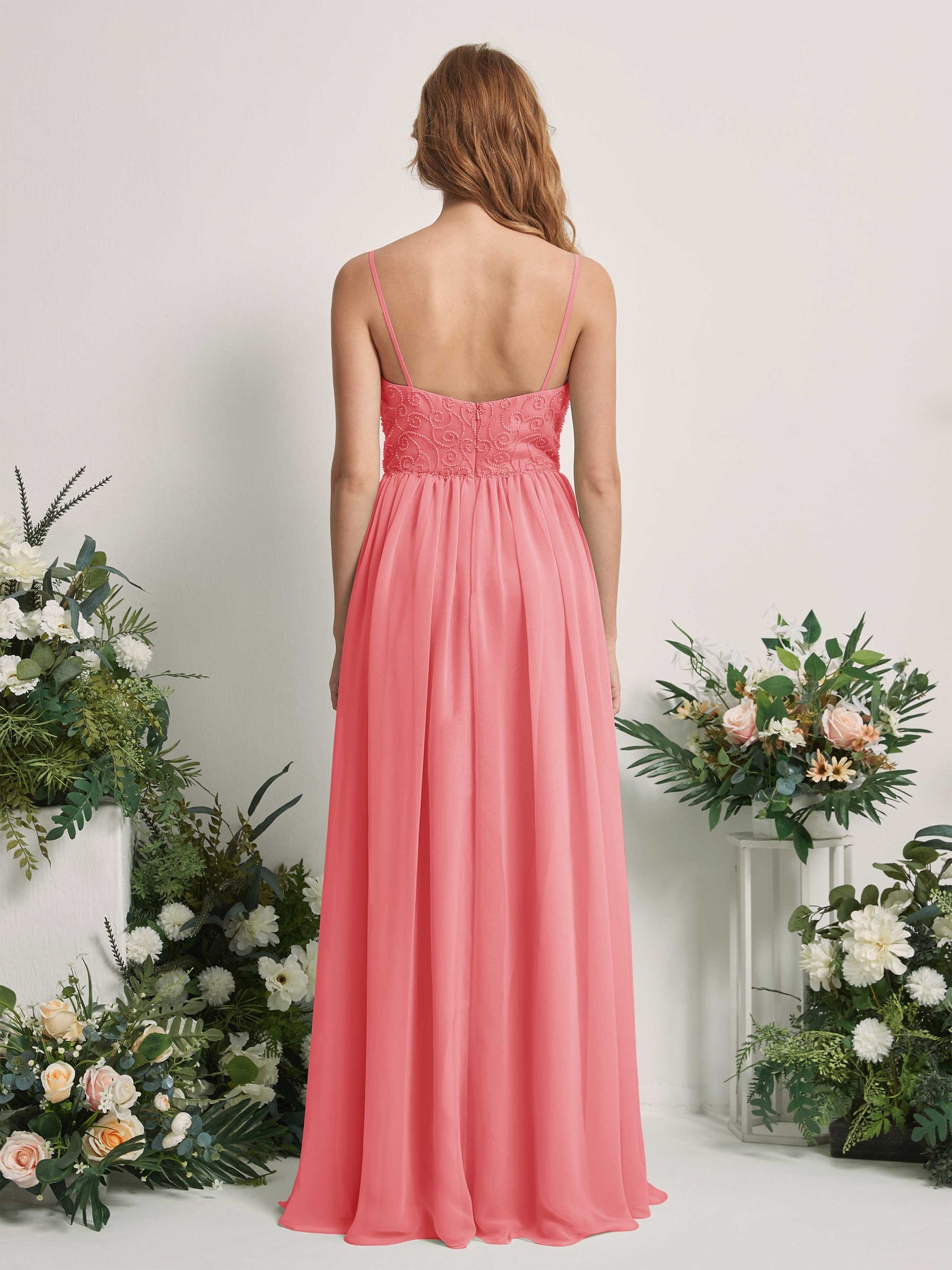 Coral Pink Bridesmaid Dresses A-line Spaghetti-straps Sleeveless Chiffon Dresses (83221230)#color_coral-pink