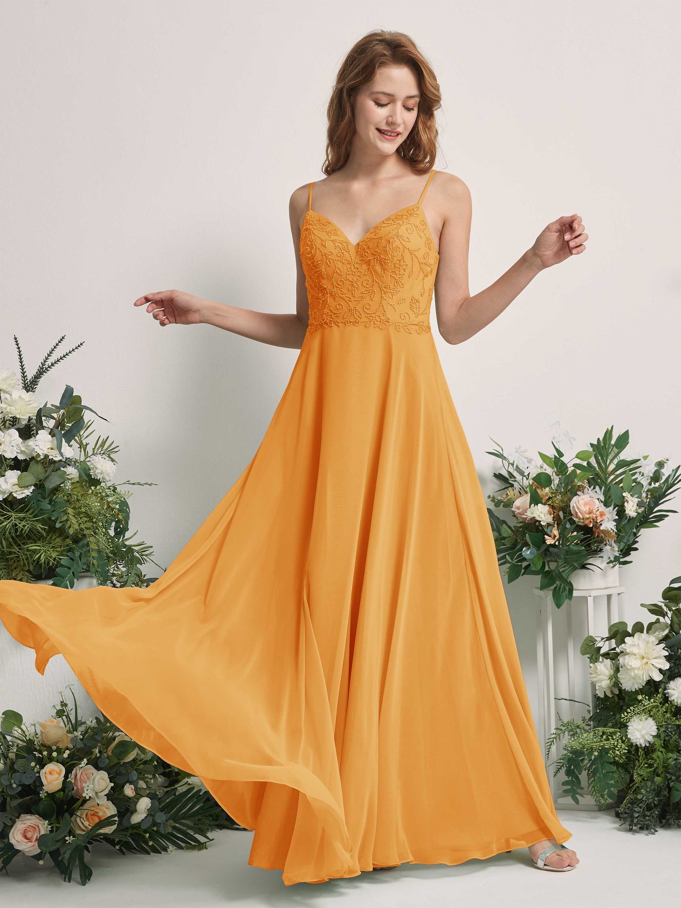 Mango Bridesmaid Dresses A-line Open back Spaghetti-straps Sleeveless Dresses (83221102)#color_mango