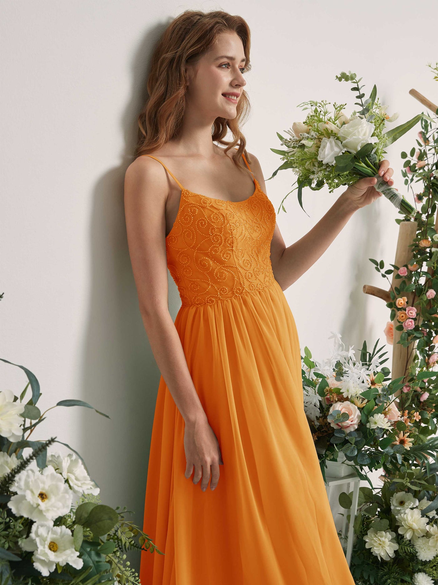 Mango Bridesmaid Dresses A-line Spaghetti-straps Sleeveless Chiffon Dresses (83221202)#color_mango
