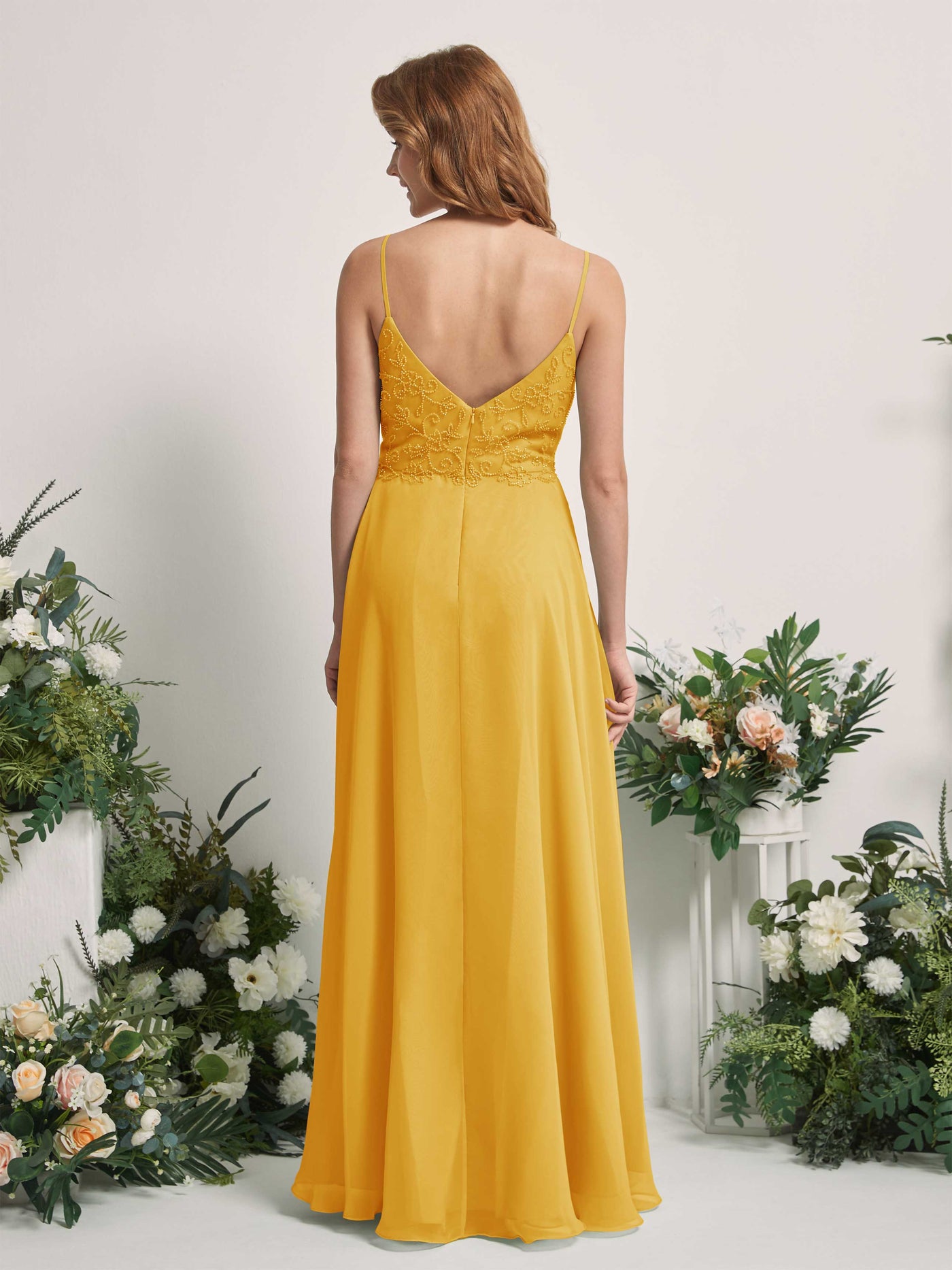 Mustard Yellow Bridesmaid Dresses A-line Open back Spaghetti-straps Sleeveless Dresses (83221133)#color_mustard-yellow
