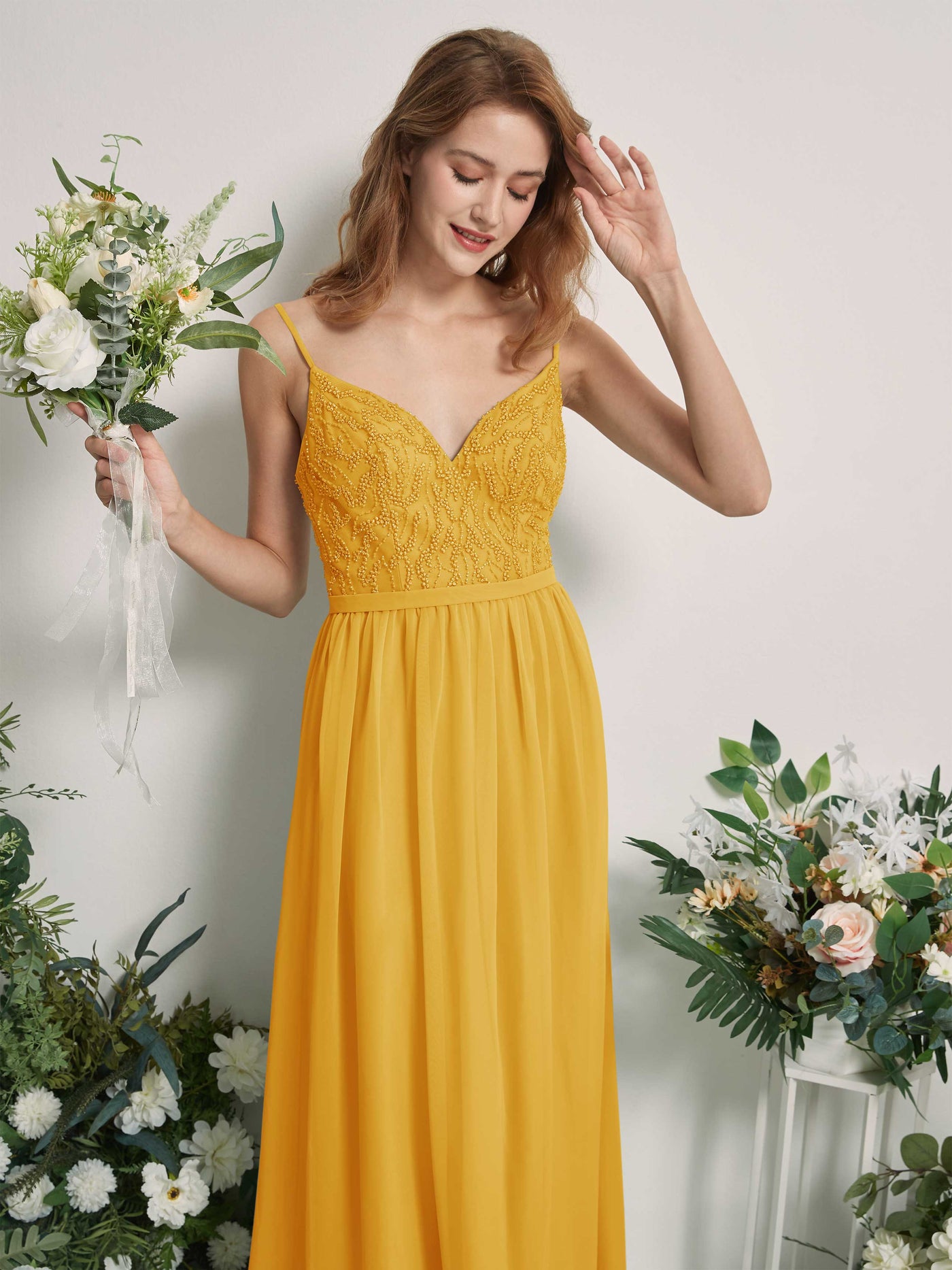 Mustard Yellow Bridesmaid Dresses A-line Spaghetti-straps Sleeveless Chiffon Dresses (81226533)#color_mustard-yellow