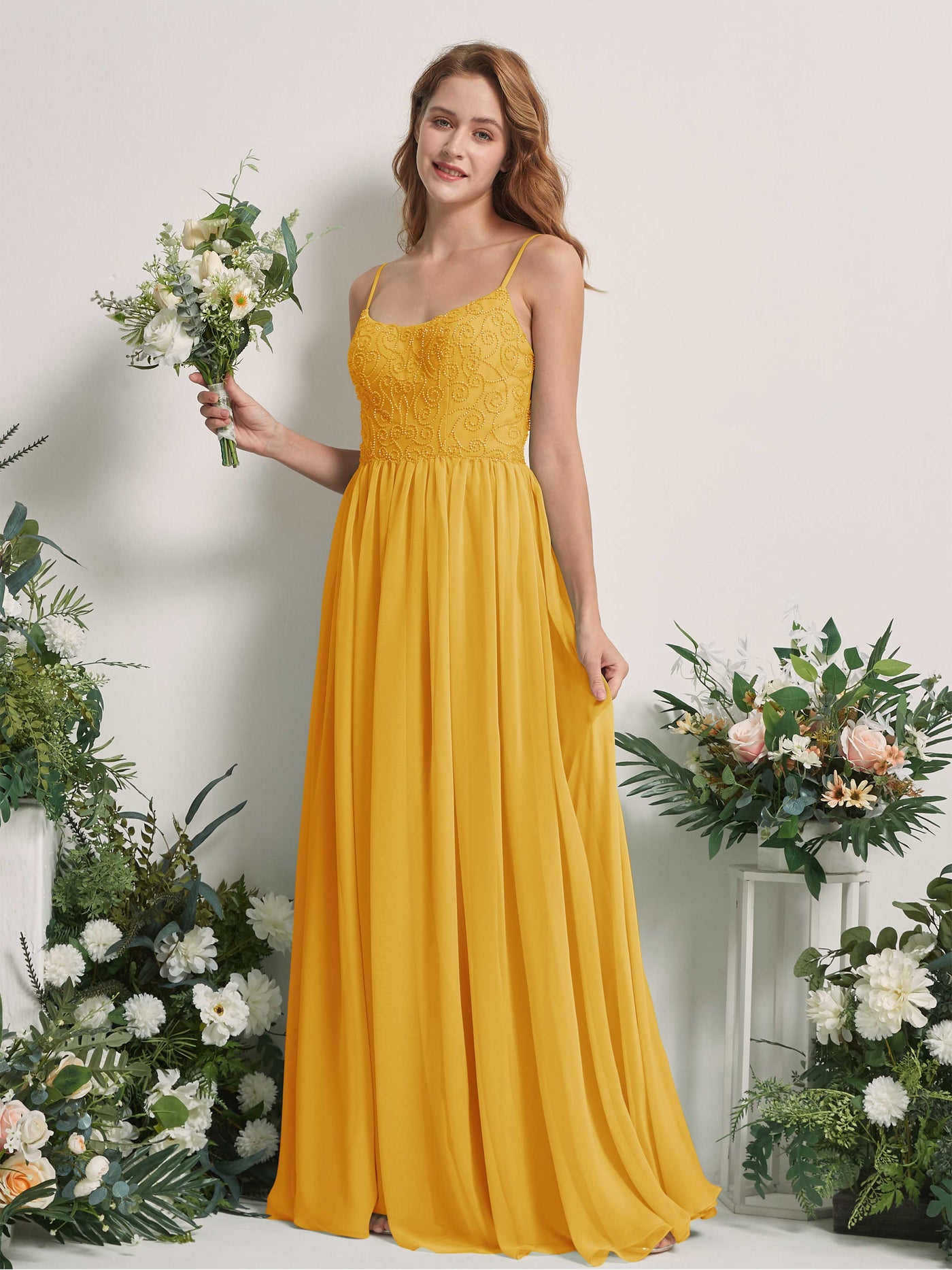 Mustard Yellow Bridesmaid Dresses A-line Spaghetti-straps Sleeveless Chiffon Dresses (83221233)#color_mustard-yellow