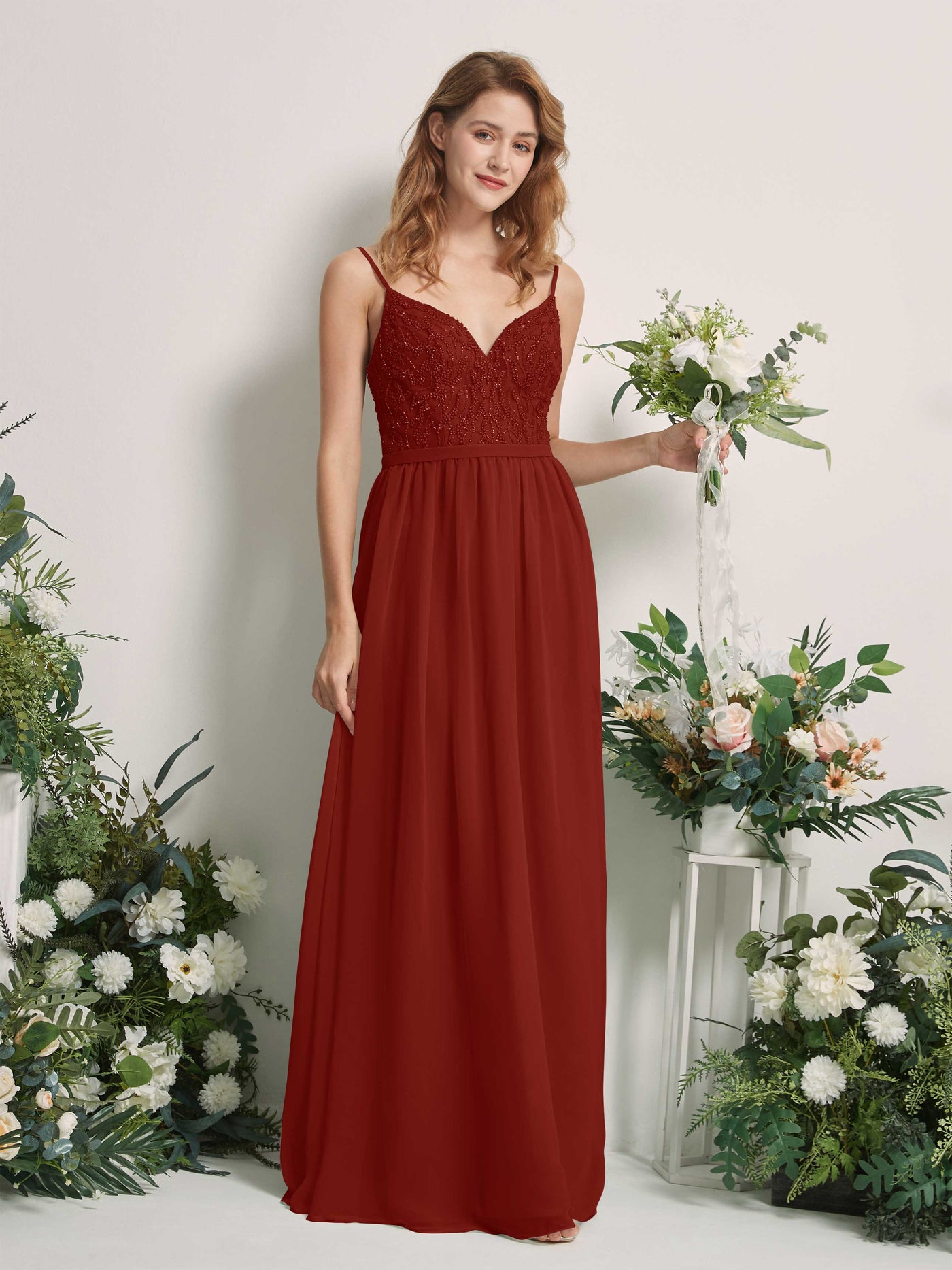 Rust Bridesmaid Dresses A-line Spaghetti-straps Sleeveless Chiffon Dresses (81226519)#color_rust