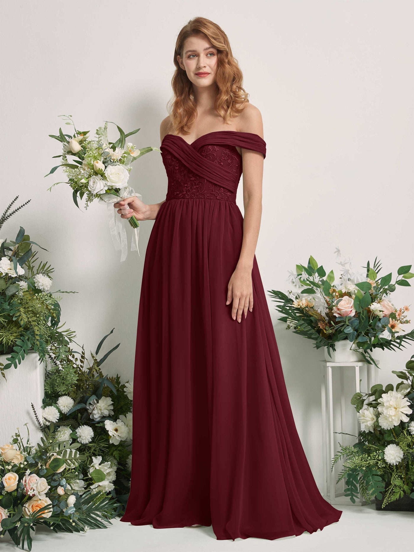 Burgundy Bridesmaid Dresses Ball Gown Off Shoulder Sleeveless Chiffon Dresses (83220412)#color_burgundy