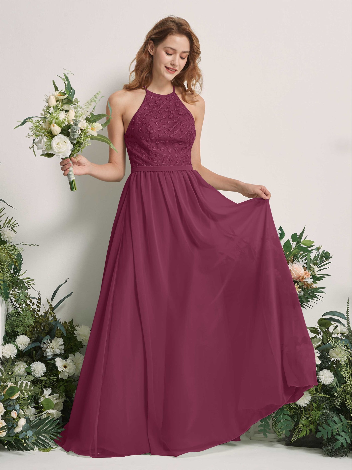 Chianti Bridesmaid Dresses A-line Halter Sleeveless Chiffon Dresses (83220834)#color_chianti