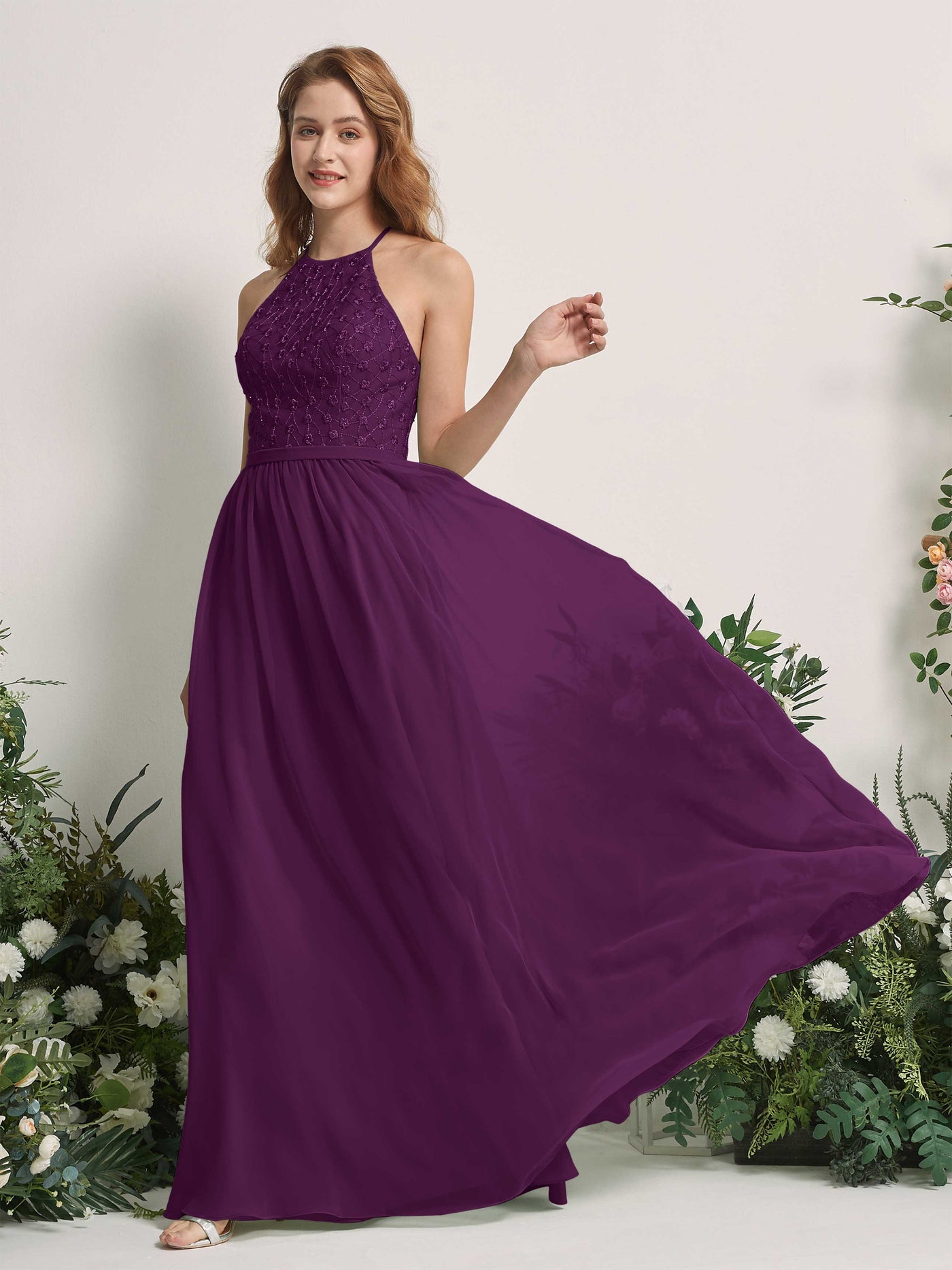 Grape Bridesmaid Dresses A-line Halter Sleeveless Chiffon Dresses (83220831)#color_grape