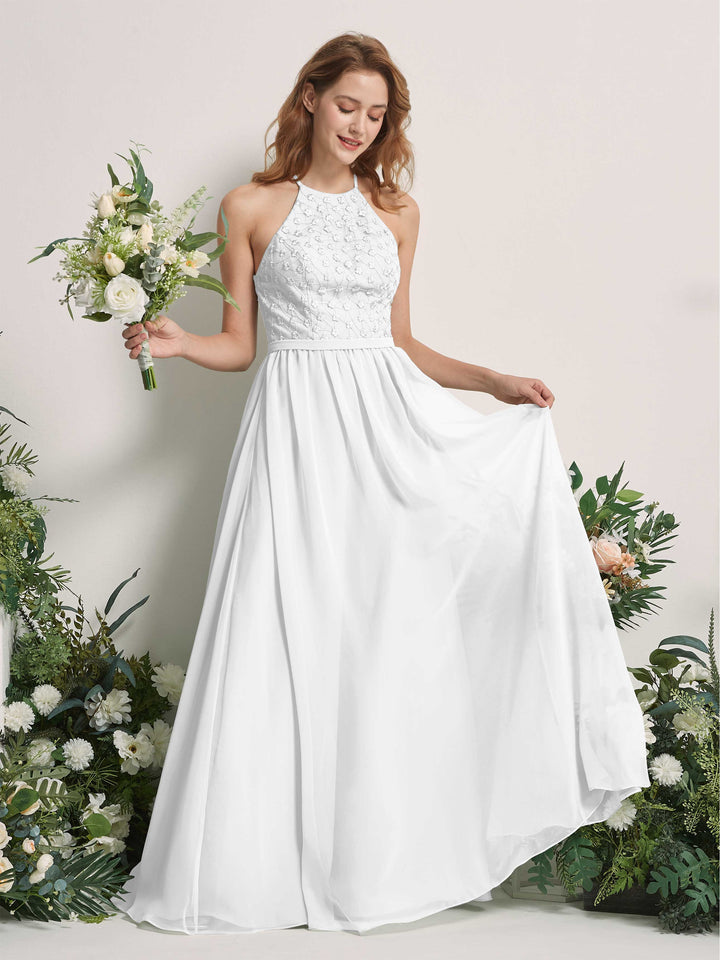 White Bridesmaid Dresses A-line Halter Sleeveless Chiffon Dresses (83220842)