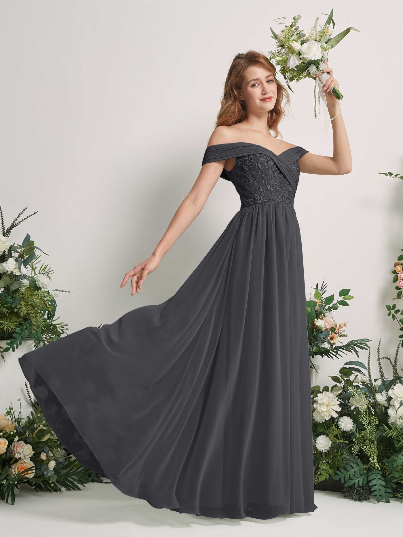 Pewter Bridesmaid Dresses Ball Gown Off Shoulder Sleeveless Chiffon Dresses (83220438)#color_pewter