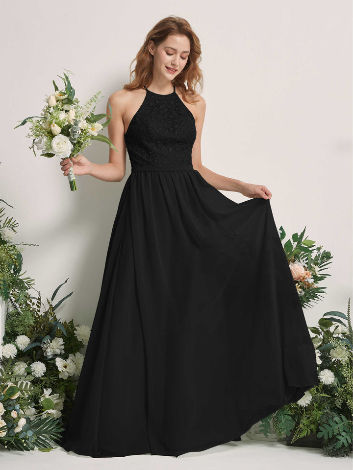 Black Bridesmaid Dresses A-line Halter Sleeveless Chiffon Dresses (83220815)