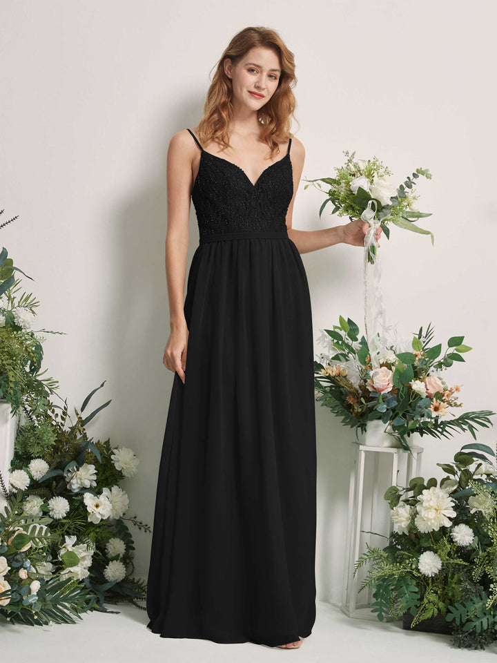Black Bridesmaid Dresses A-line Spaghetti-straps Sleeveless Chiffon Dresses (81226515)