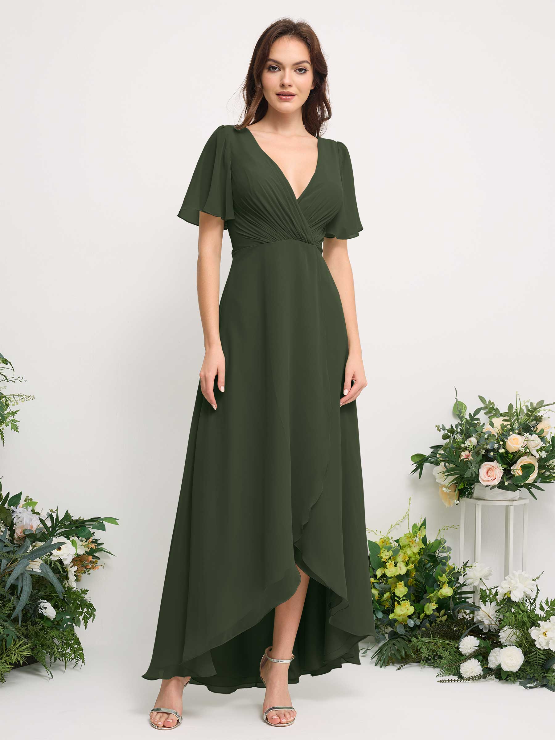 Pewter Chiffon V-Neck Bridesmaid Dress A-Line Floor-Length