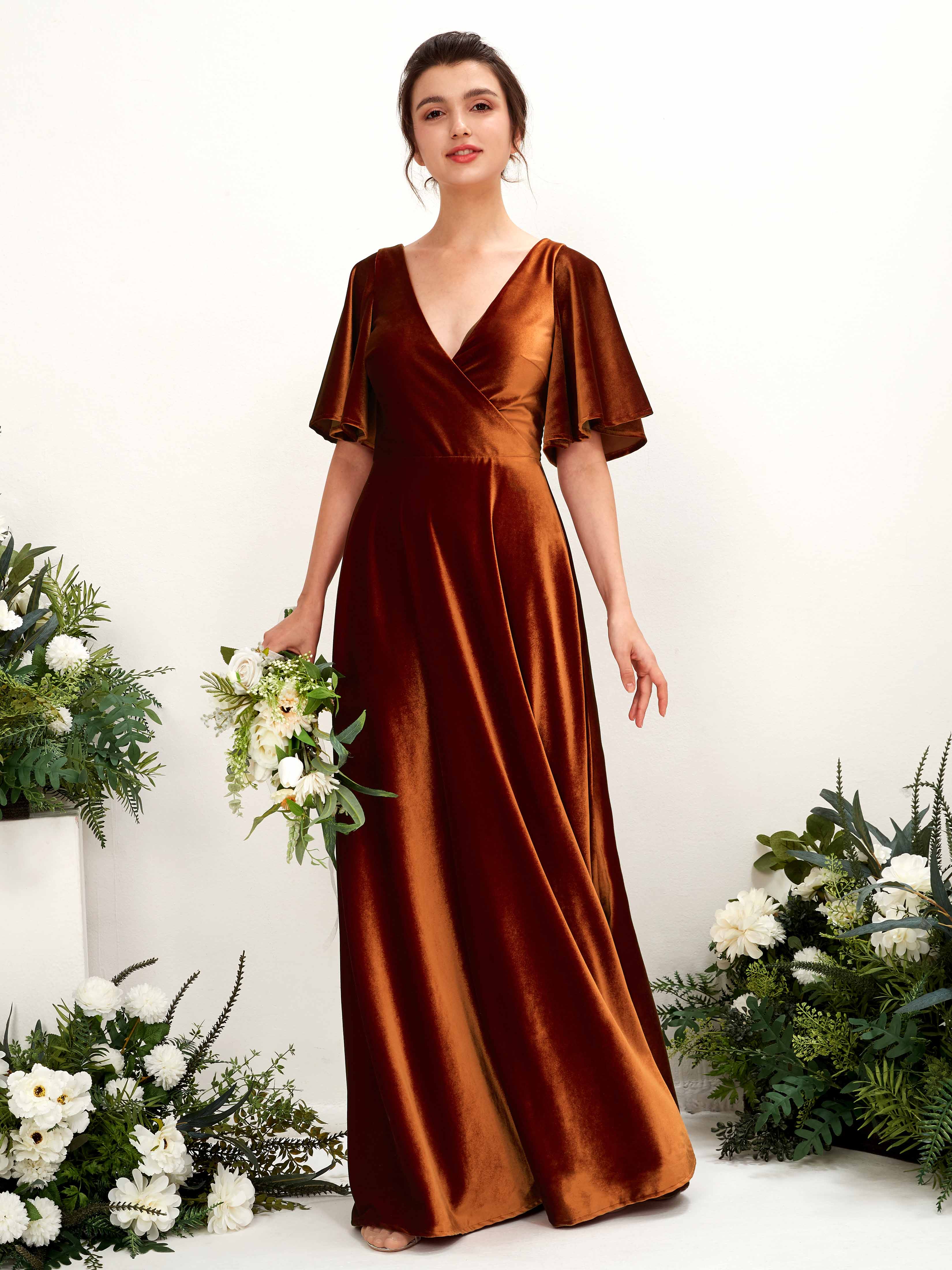 Burnt Orange Velvet Bridesmaid Dress A-Line Floor-Length