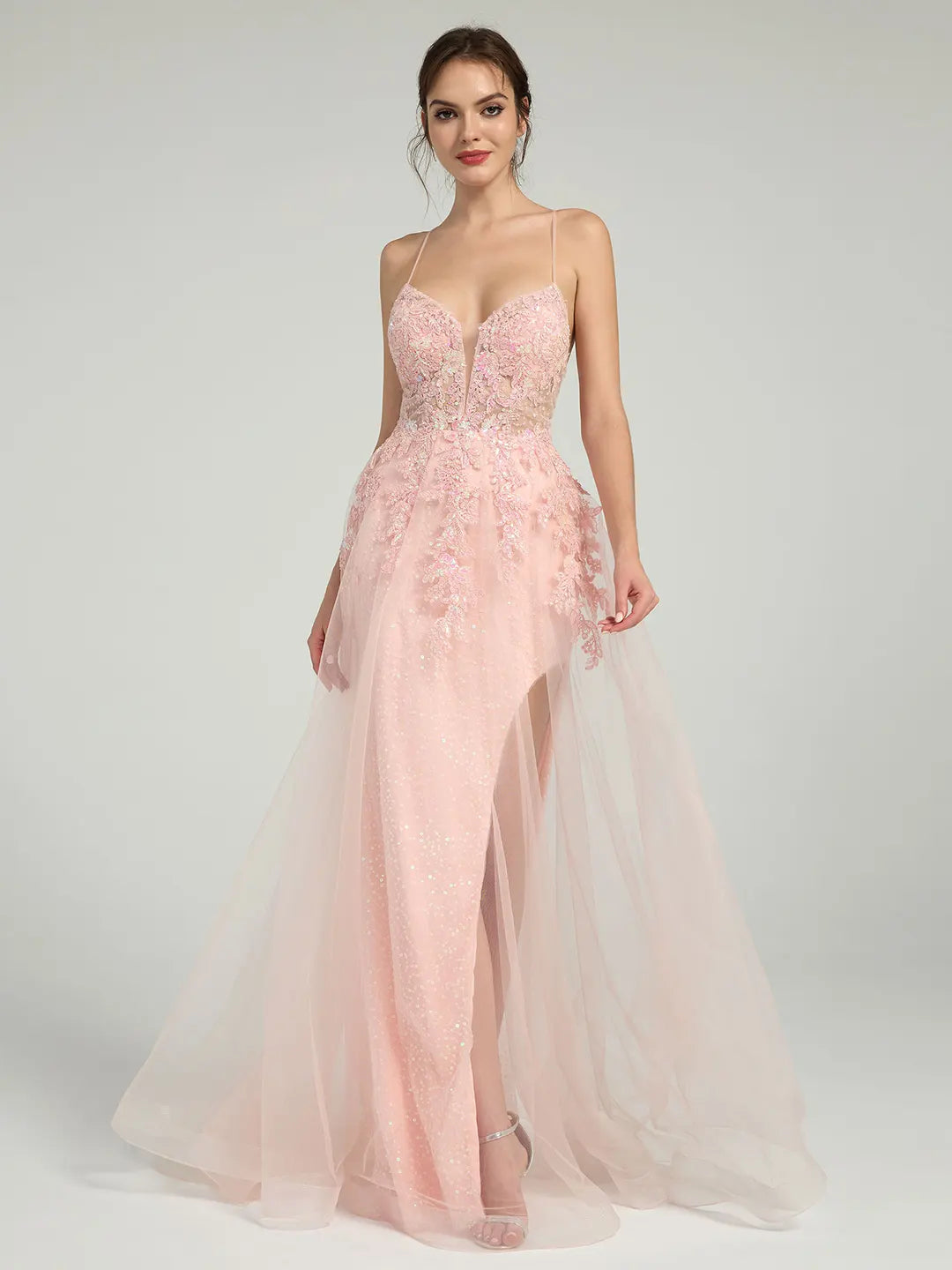 Floral Lace Sequin Maxi Dress A-Line Ball Gown with Plunge Neck & Lace-Up Back Carlyna Floral Lace Sequin Maxi Dress A-Line Ball Gown with Plunge Neck & Lace-Up Back Carlyna