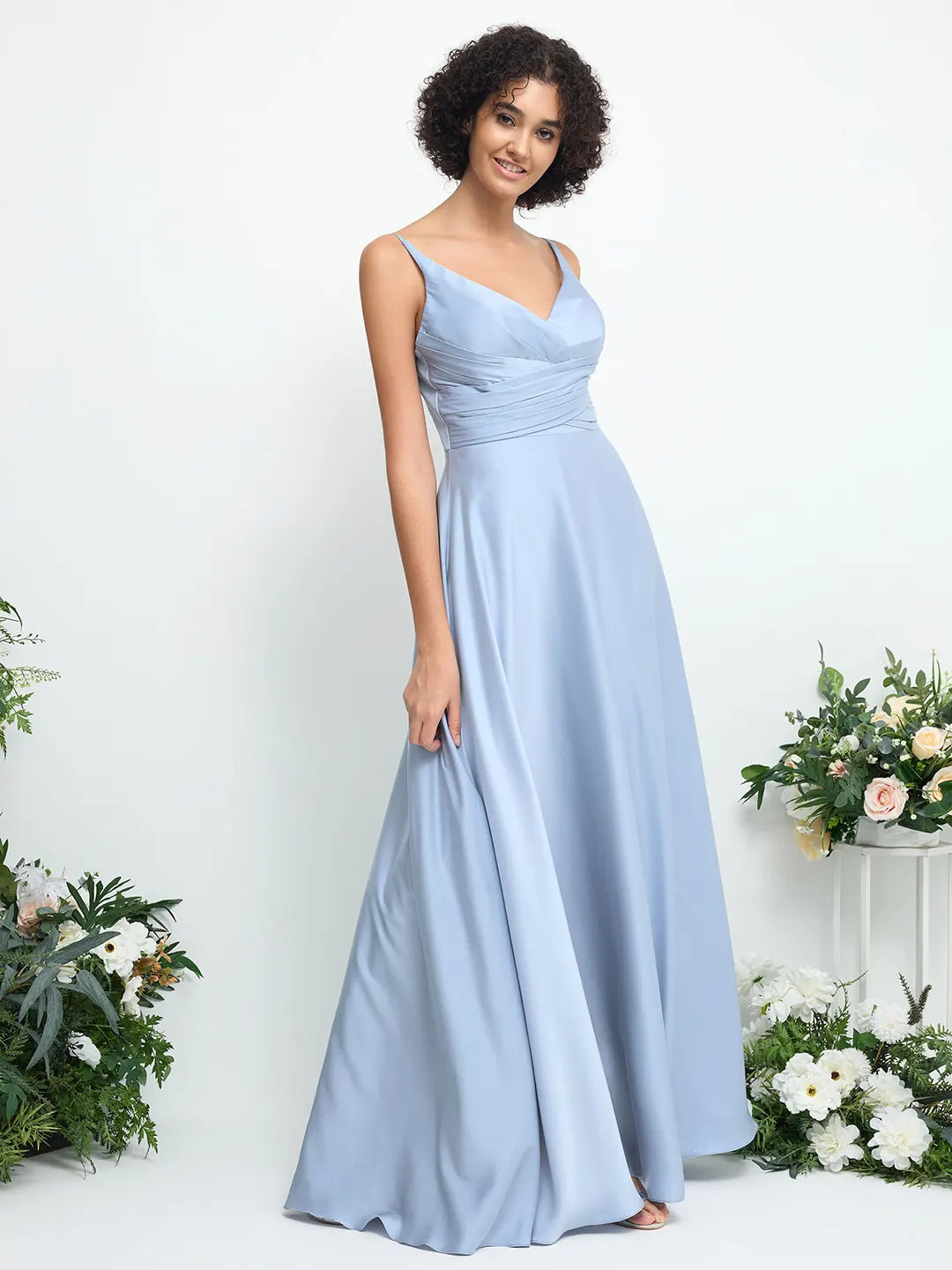 a line satin maxi dress A-Line Spaghetti Straps Sleeveless Satin Maxi Bridesmaid Dress With Slit