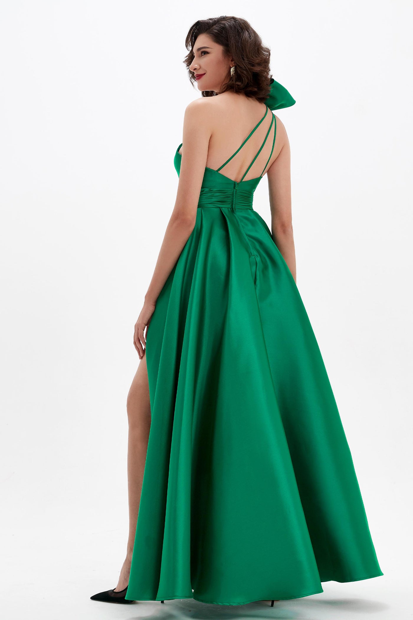 Green One Shoulder High Slit Long Party Prom Dress