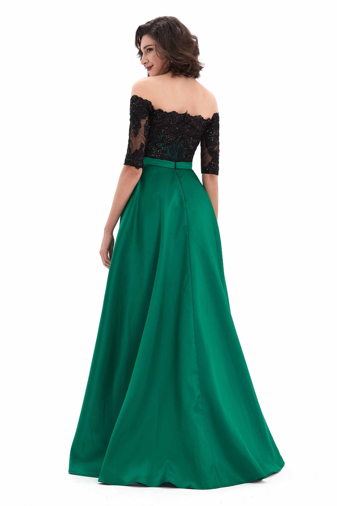 Green short Sleeves Lace&Mikado Long Prom Gown