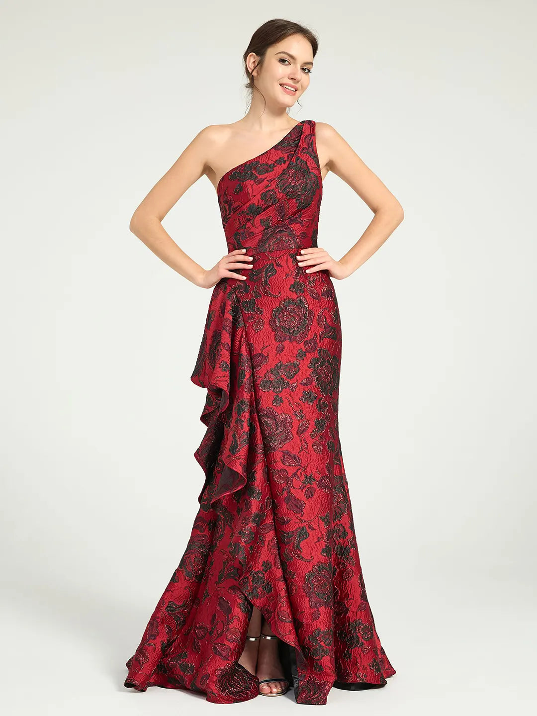 Mermaid Ruffled One-Shoulder Floral Jacquard Formal Dress with Sweep Train Mermaid Ruffled One-Shoulder Floral Jacquard Formal Dress with Sweep Train