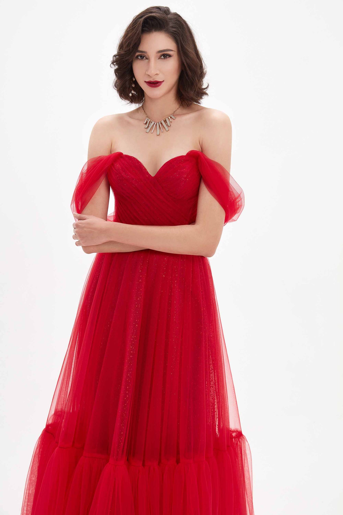 Red V-Cut OFF Shoulder Pleated Bodice Tulle Prom Dress