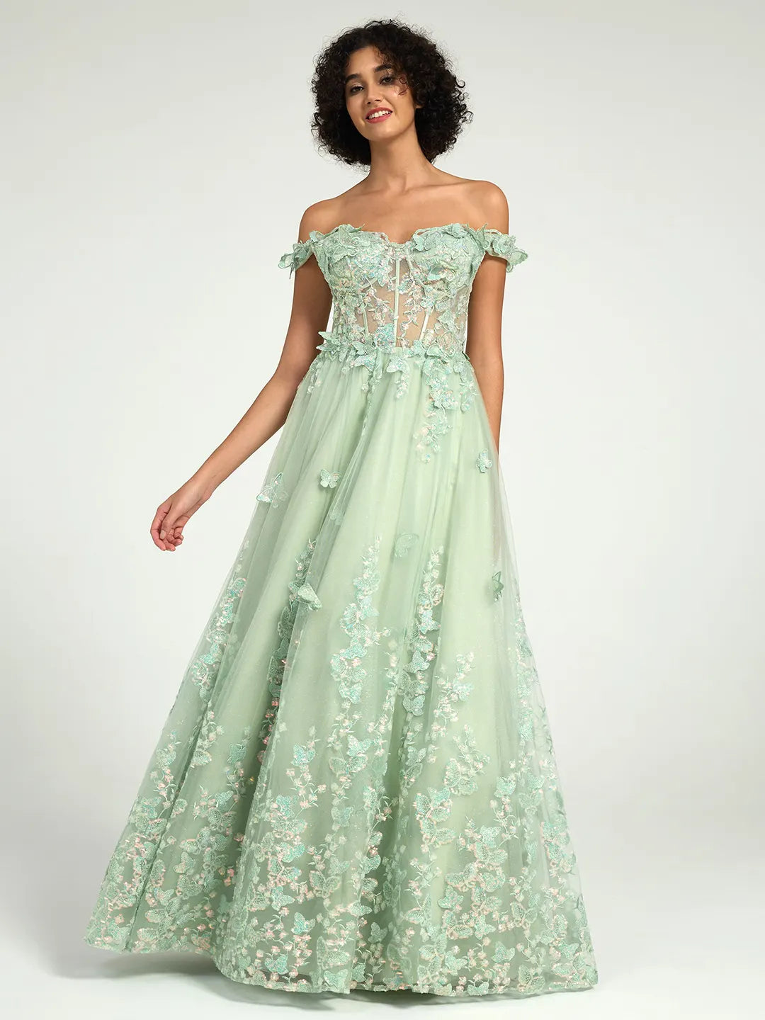 Off-The-Shoulder A-Line Maxi Dress with 3D Floral Appliques and Lace-Up Back Off-The-Shoulder A-Line Maxi Dress with 3D Floral Appliques and Lace-Up Back