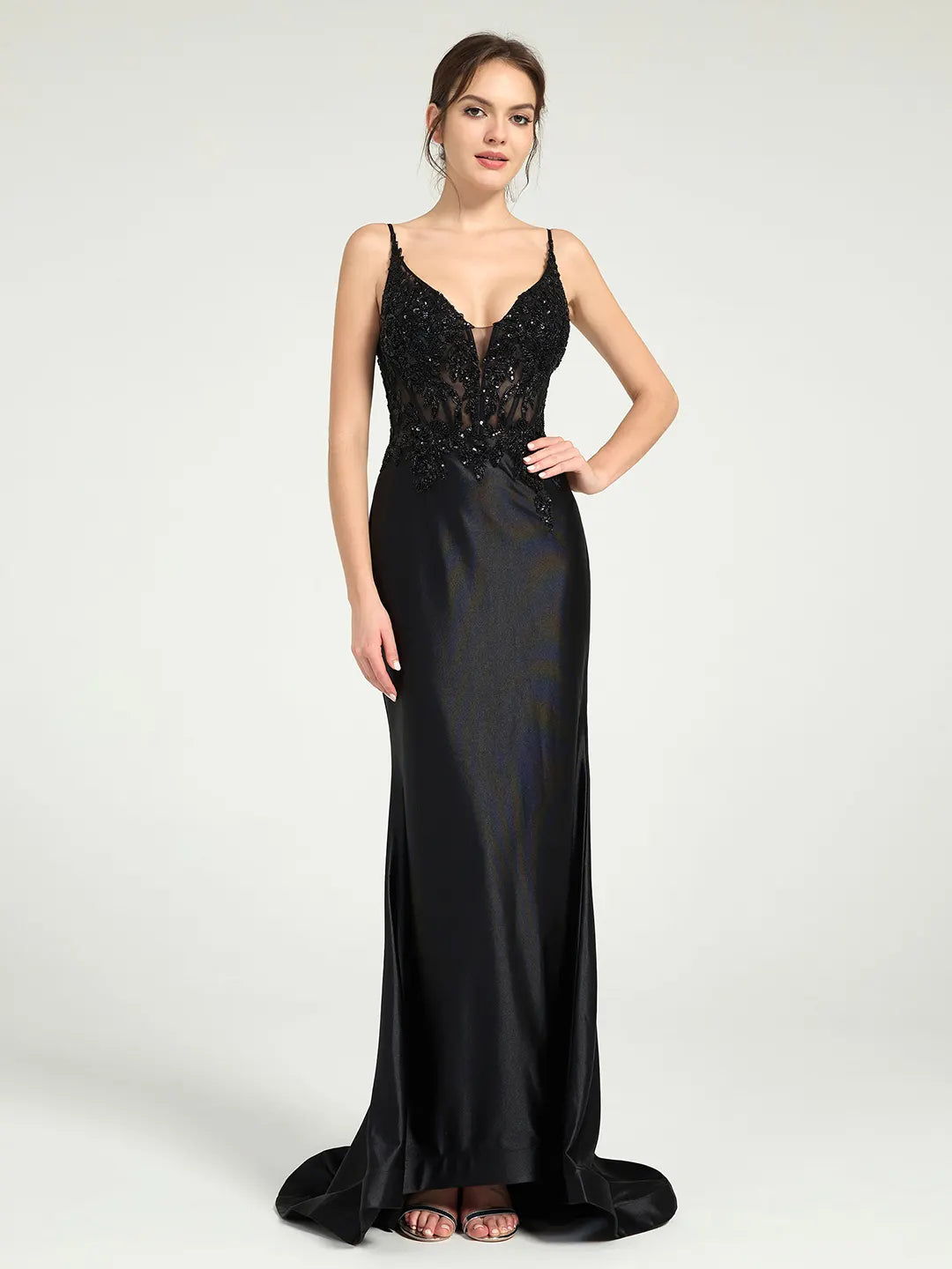 Sheer Bead & Lace Embellished Jersey Prom Gown with V-Neck and Asymmetrical Skirt Sheer Bead & Lace Embellished Jersey Prom Gown with V-Neck and Asymmetrical Skirt