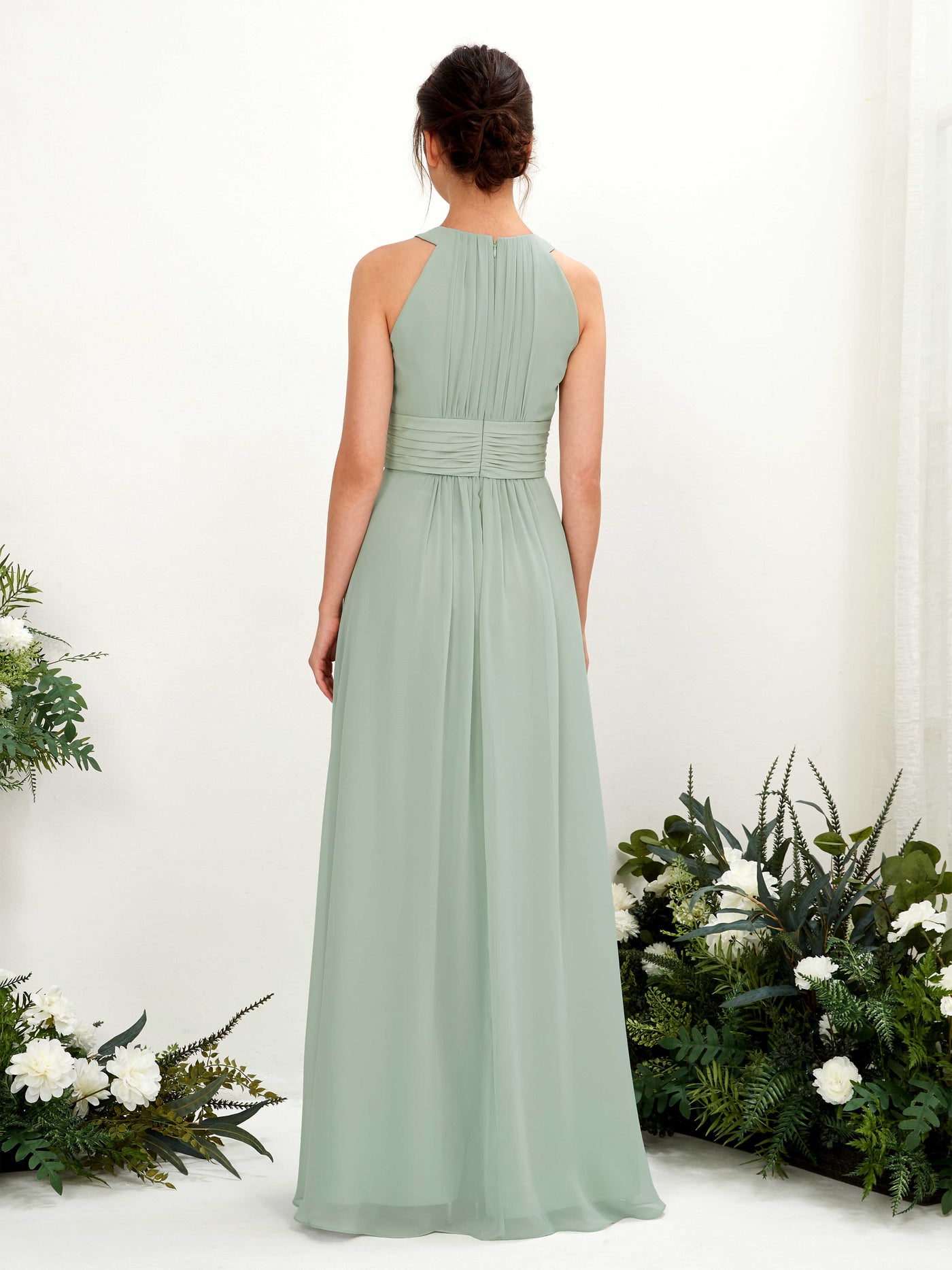 Sage Green Bridesmaid Dresses Bridesmaid Dress A-line Chiffon Halter Full Length Sleeveless Wedding Party Dress (81221505)#color_sage-green