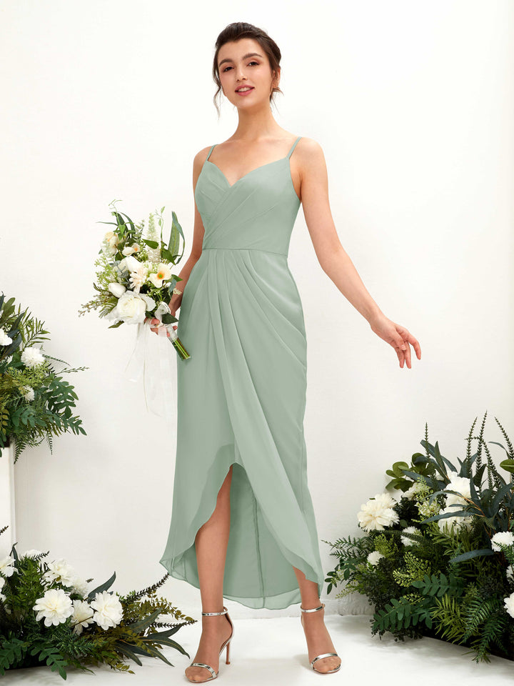 Sage Green Bridesmaid Dresses Bridesmaid Dress Chiffon Spaghetti-straps Tea Length Sleeveless Wedding Party Dress (81221305)