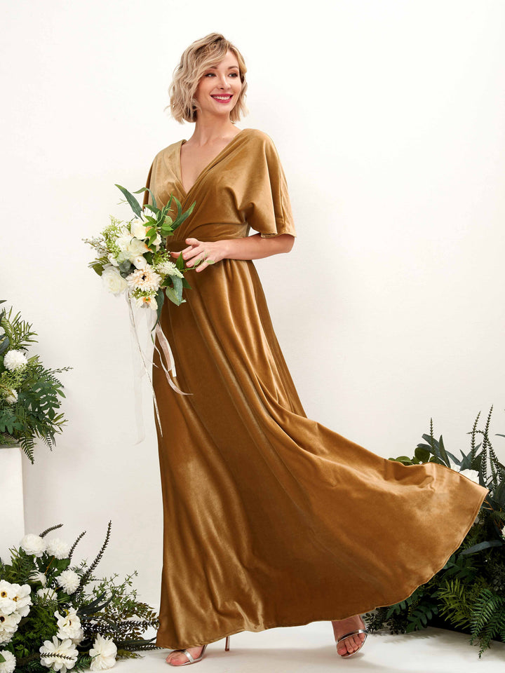 Burnished Gold Bridesmaid Dresses Bridesmaid Dress A-line Velvet V-neck Full Length Short Sleeves Wedding Party Dress (80222816)