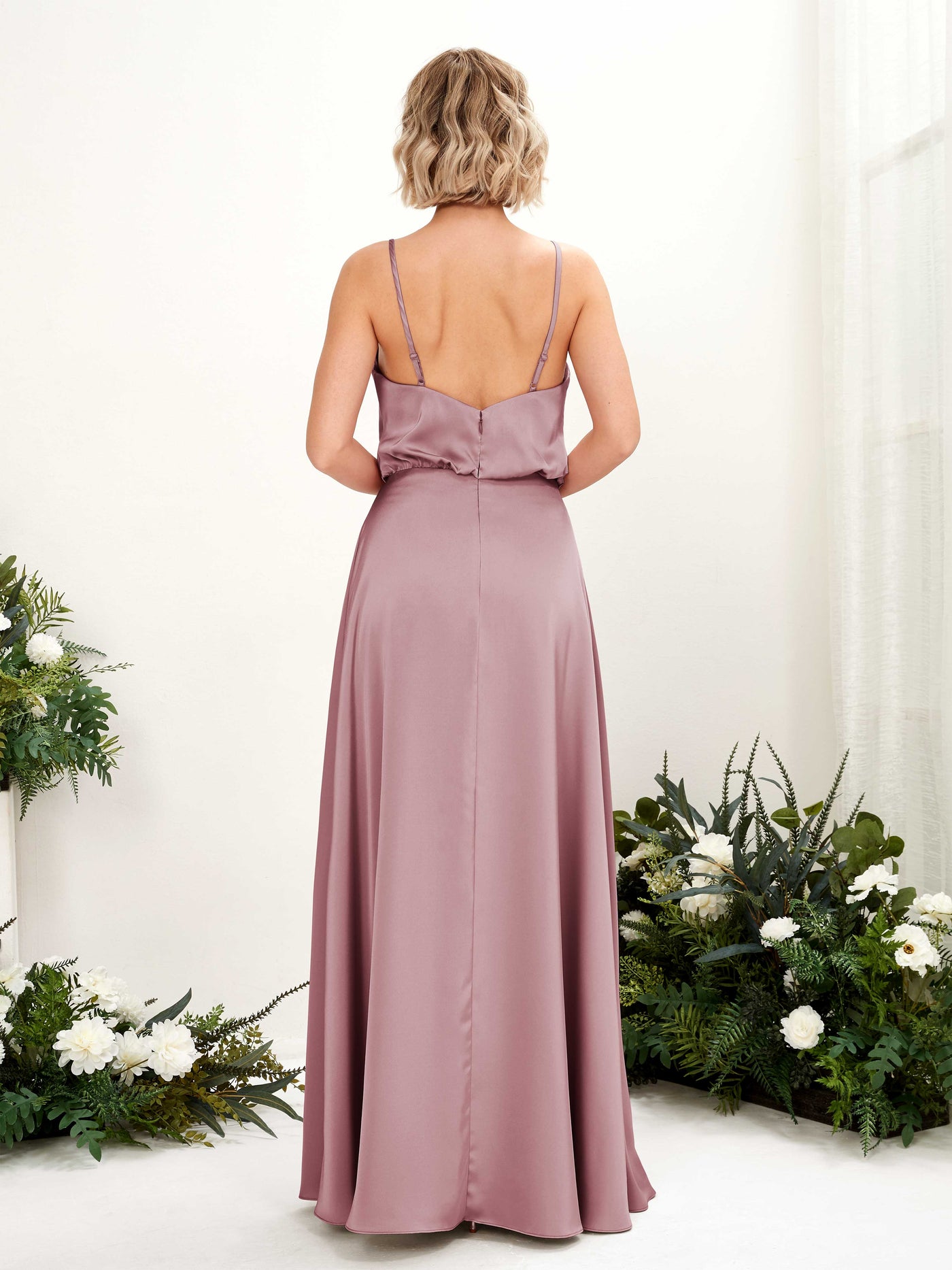 A-line Sexy Slit Spaghetti-straps V-neck Satin Bridesmaid Dress - Rose Quartz (80224566)#color_rose-quartz