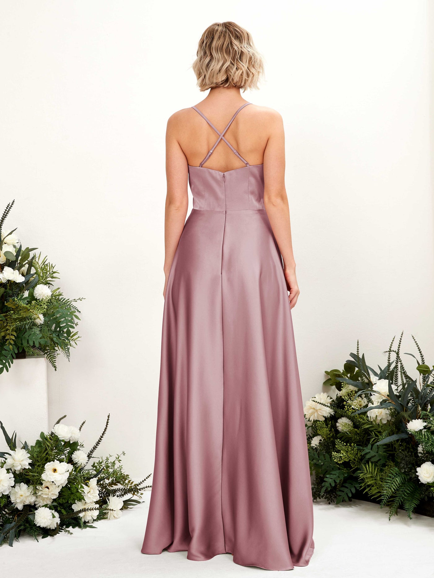 A-line Straps V-neck Satin Bridesmaid Dress - Rose Quartz (80224866)#color_rose-quartz