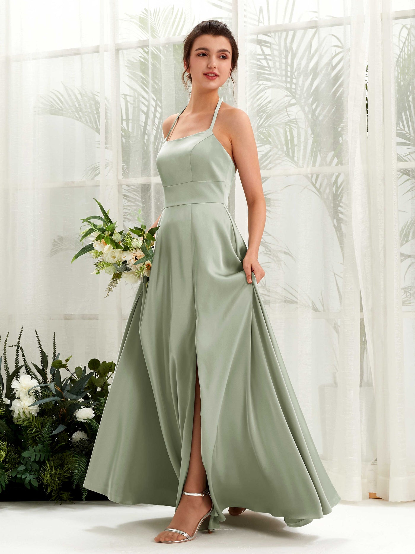 A-line Open back Sexy Slit Halter Bridesmaid Dress - Sage Green (80223912)#color_sage-green