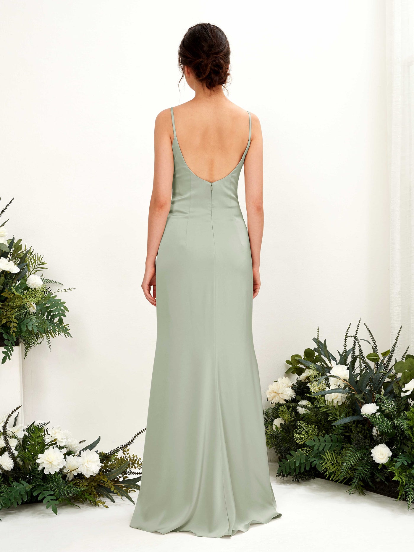 Open back Straps Sleeveless Satin Bridesmaid Dress - Sage Green (80221712)#color_sage-green