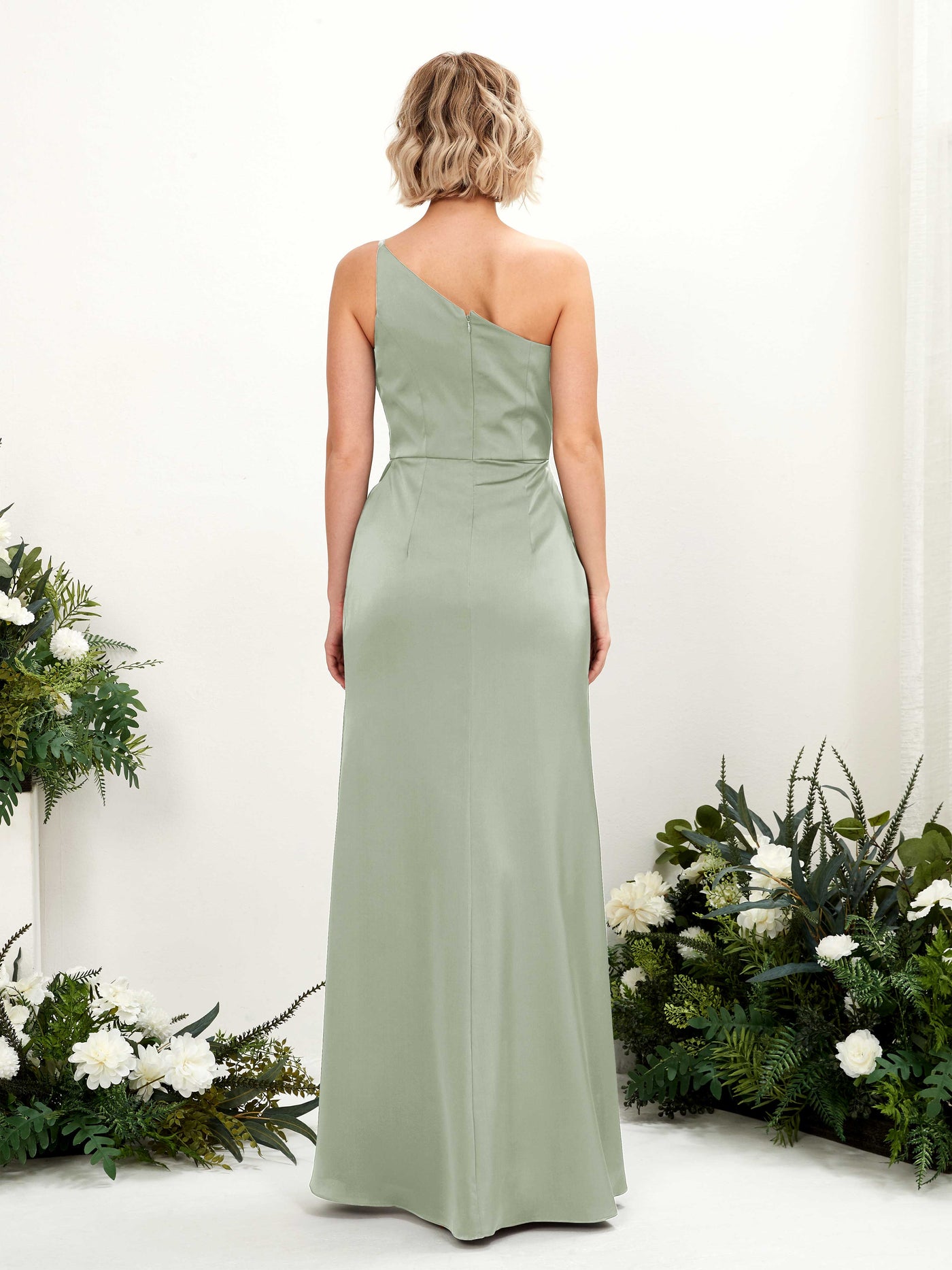 Sage Green Bridesmaid Dresses Bridesmaid Dress Mermaid/Trumpet Satin One Shoulder Full Length Sleeveless Wedding Party Dress (80220512)#color_sage-green