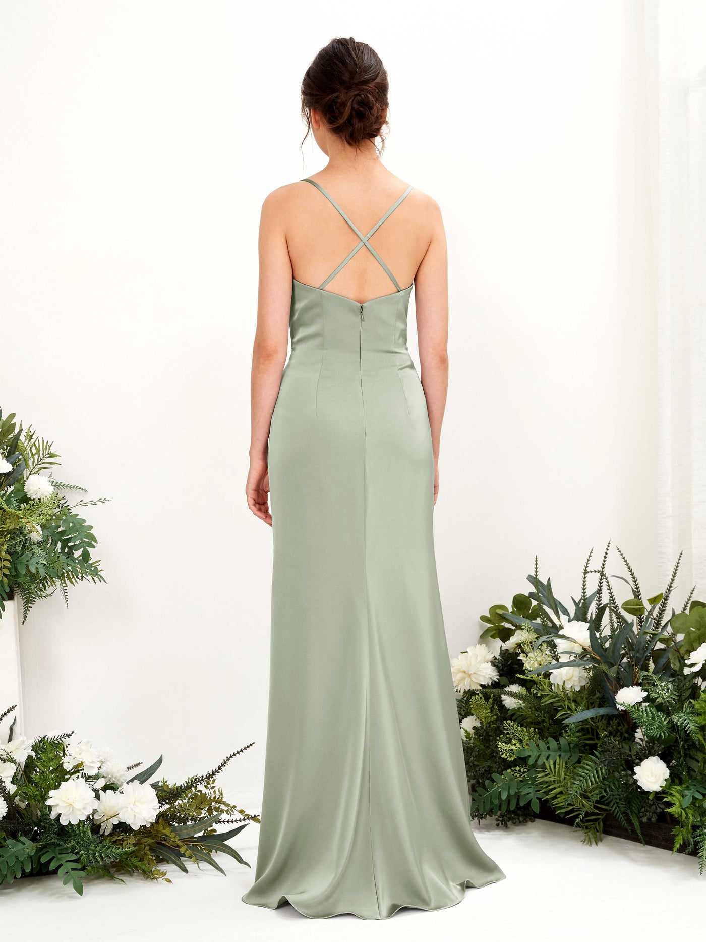 Sexy Slit Straps Sleeveless Satin Bridesmaid Dress - Sage Green (80222412)#color_sage-green