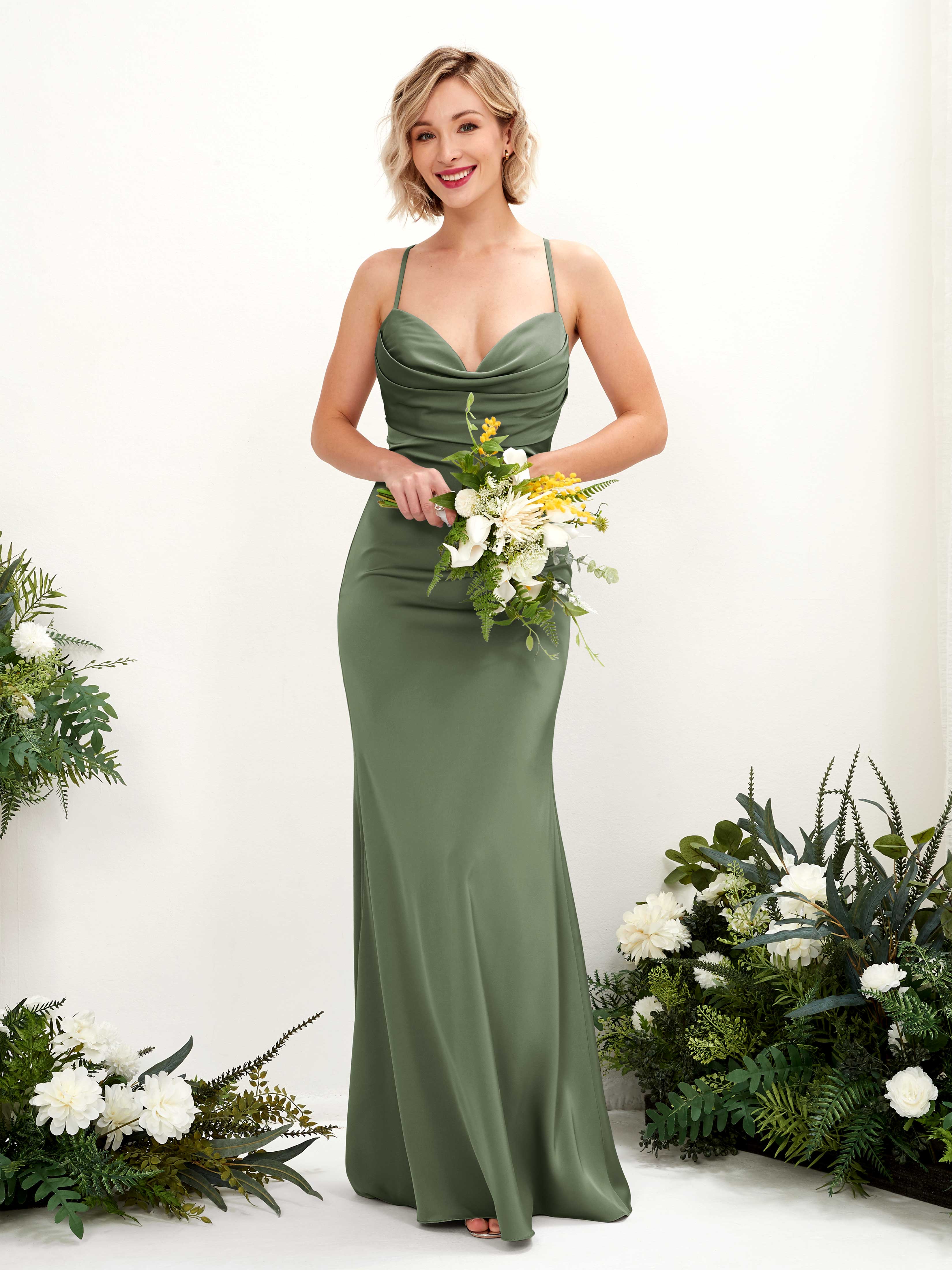 Sage Green Satin Bridesmaid Dress Mermaid Maxi Cowl Neck