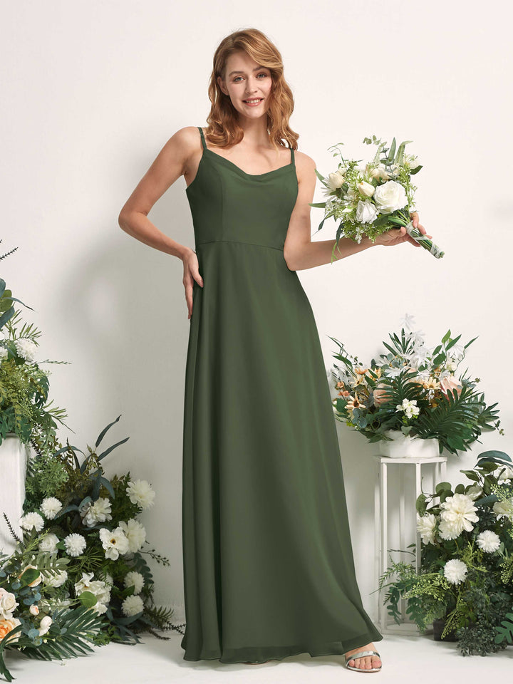 Bridesmaid Dress A-line Chiffon Spaghetti-straps Full Length Sleeveless Wedding Party Dress - Martini Olive (81227207)