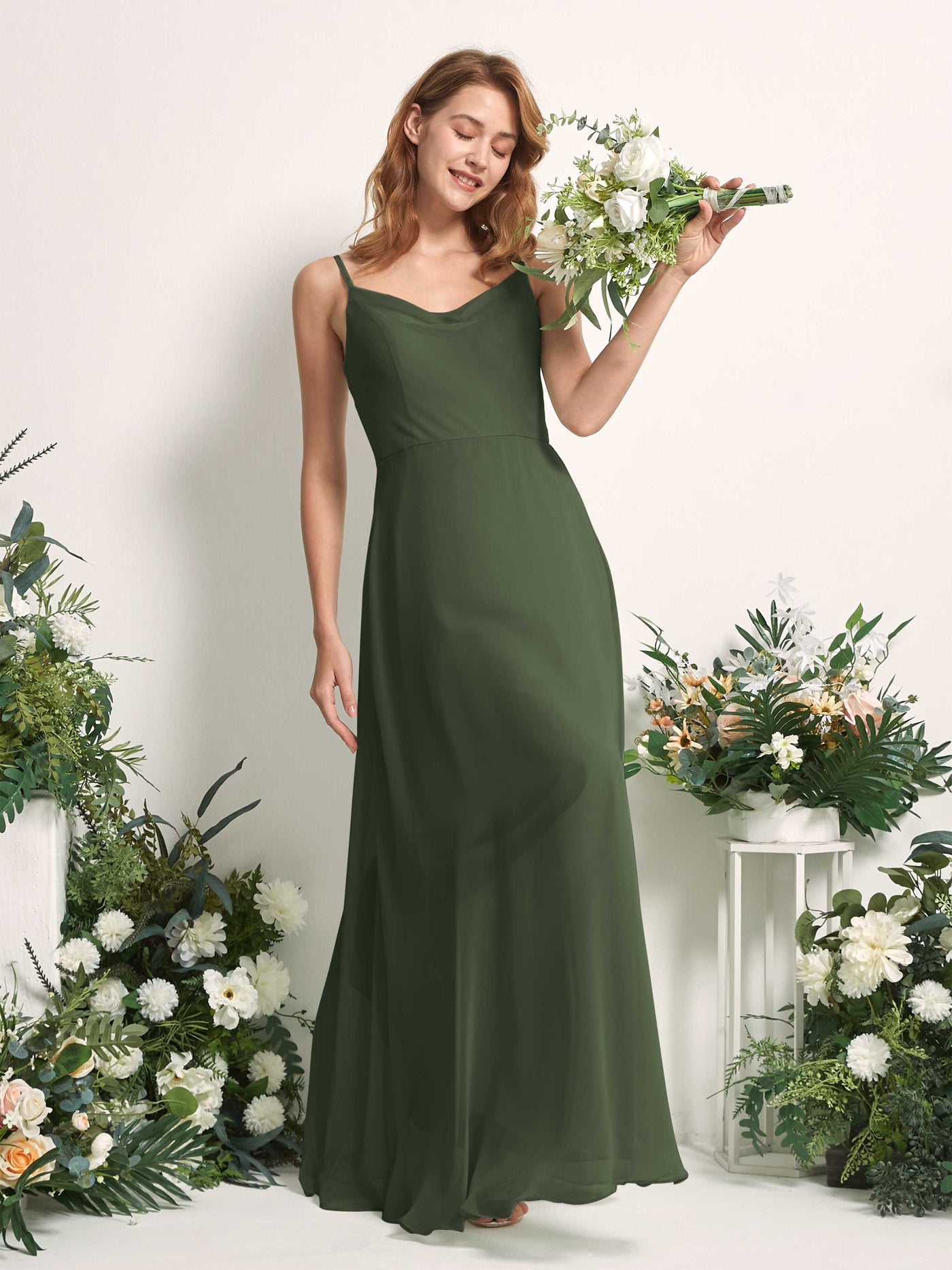 Bridesmaid Dress A-line Chiffon Spaghetti-straps Full Length Sleeveless Wedding Party Dress - Martini Olive (81227207)#color_martini-olive