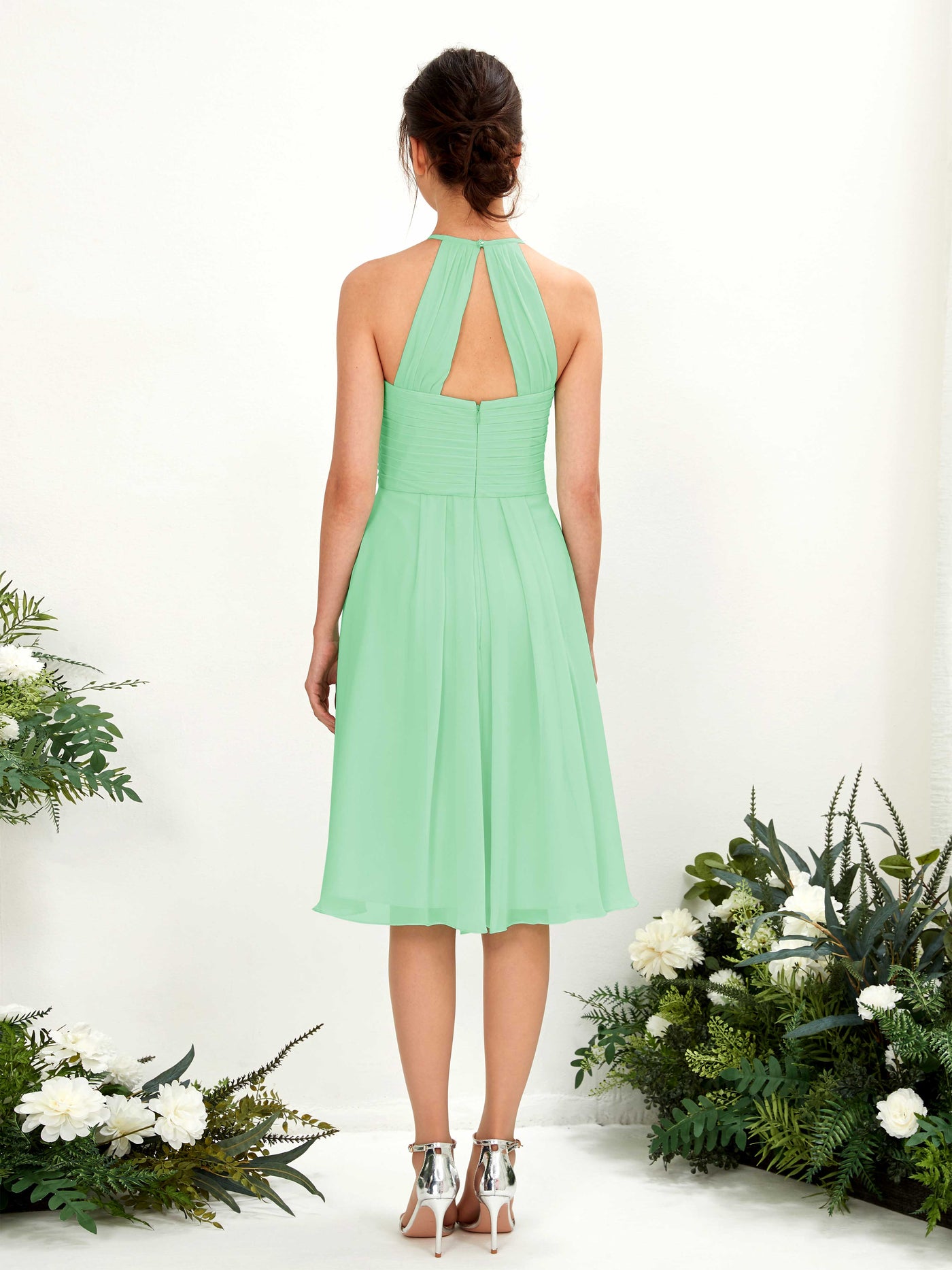 Mint Green Bridesmaid Dresses Bridesmaid Dress A-line Chiffon Halter Knee Length Sleeveless Wedding Party Dress (81220422)#color_mint-green