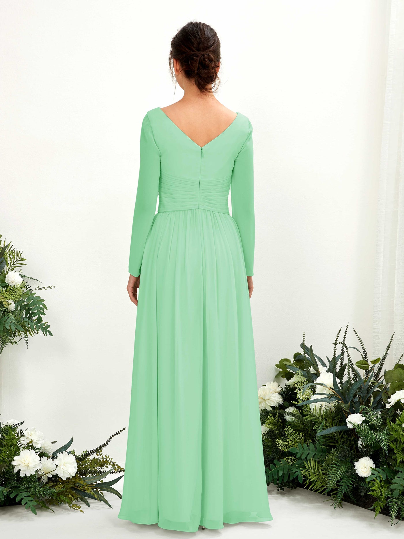 Mint Green Bridesmaid Dresses Bridesmaid Dress A-line Chiffon V-neck Full Length Long Sleeves Wedding Party Dress (81220322)#color_mint-green