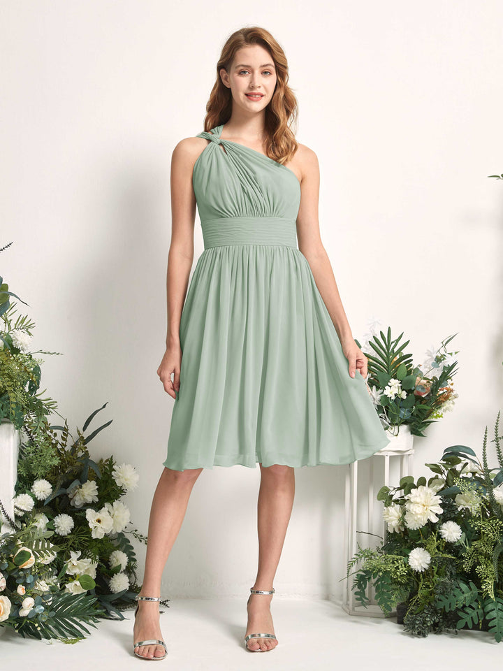 Bridesmaid Dress A-line Chiffon One Shoulder Knee Length Sleeveless Wedding Party Dress - Sage Green (81221205)